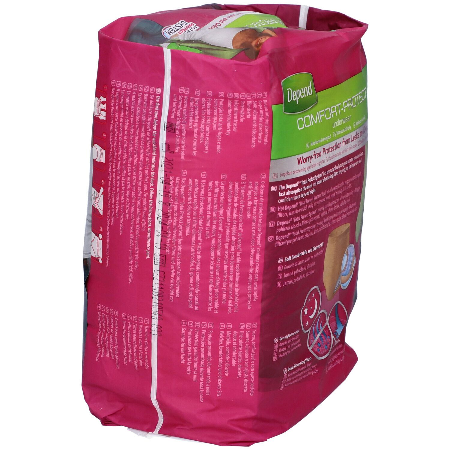 Confezione di Depend Comfort-Protect. Confezione rosa con testo. Logo Kimberly-Clark e codice a barre.