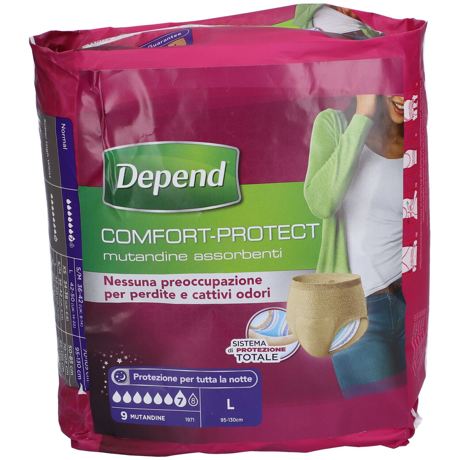 Confezione di Depend Comfort-Protect Mutandine Assorbenti. Confezione rosa con immagine e testo. Taglia L.