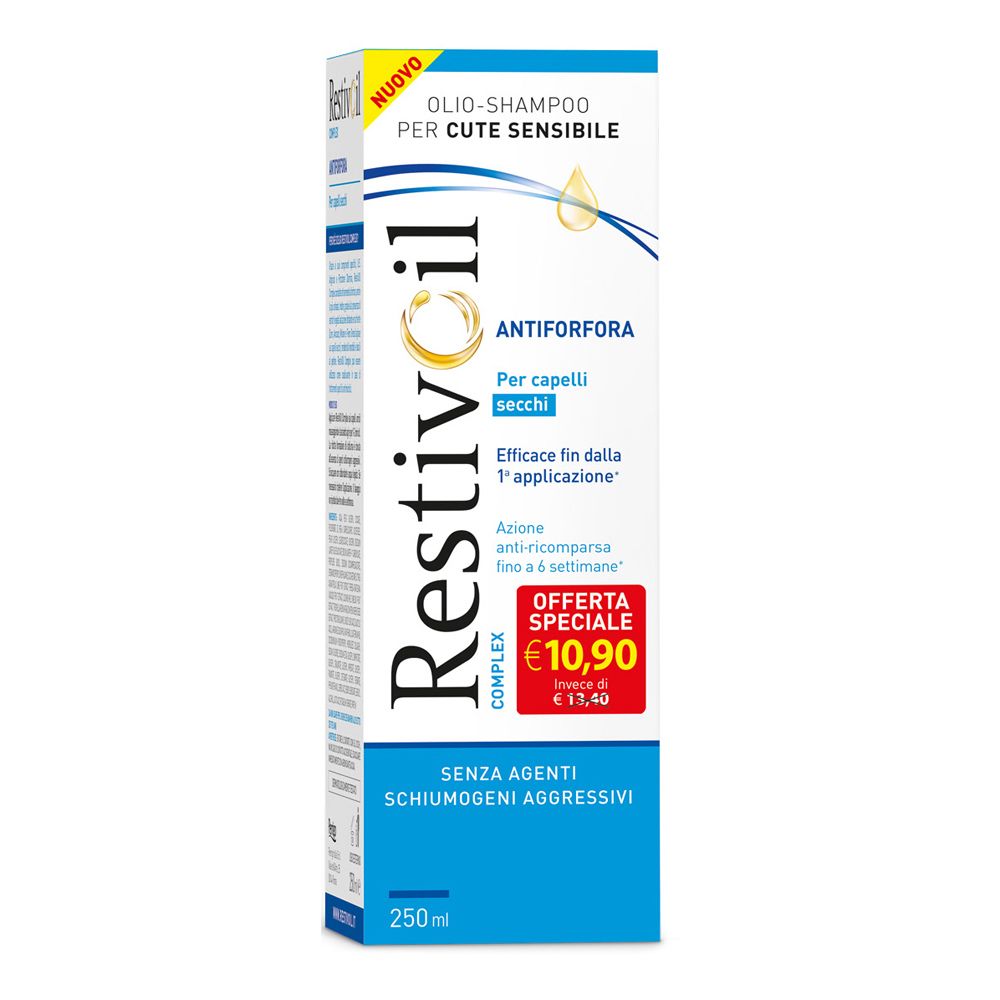 Restivoil Complex Antiforfora Shampoo-Flasche. Weißes Etikett mit Produktinformationen. 250ml. Angebotspreis.