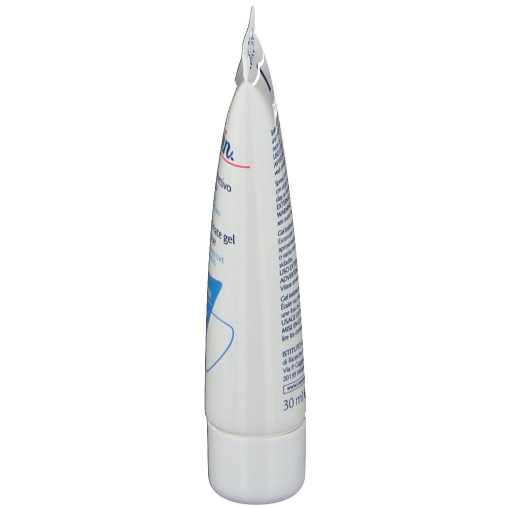 Vista laterale di un tubo bianco. Nome del prodotto e testo stampati. Contiene 30 ml.