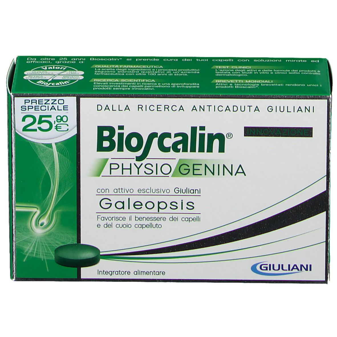 Scatola verde Bioscalin Physiogenina. Contiene una compressa. Testo: 'Dalla Ricerca Anticaduta Giuliani'. Prezzo: 25,90€.