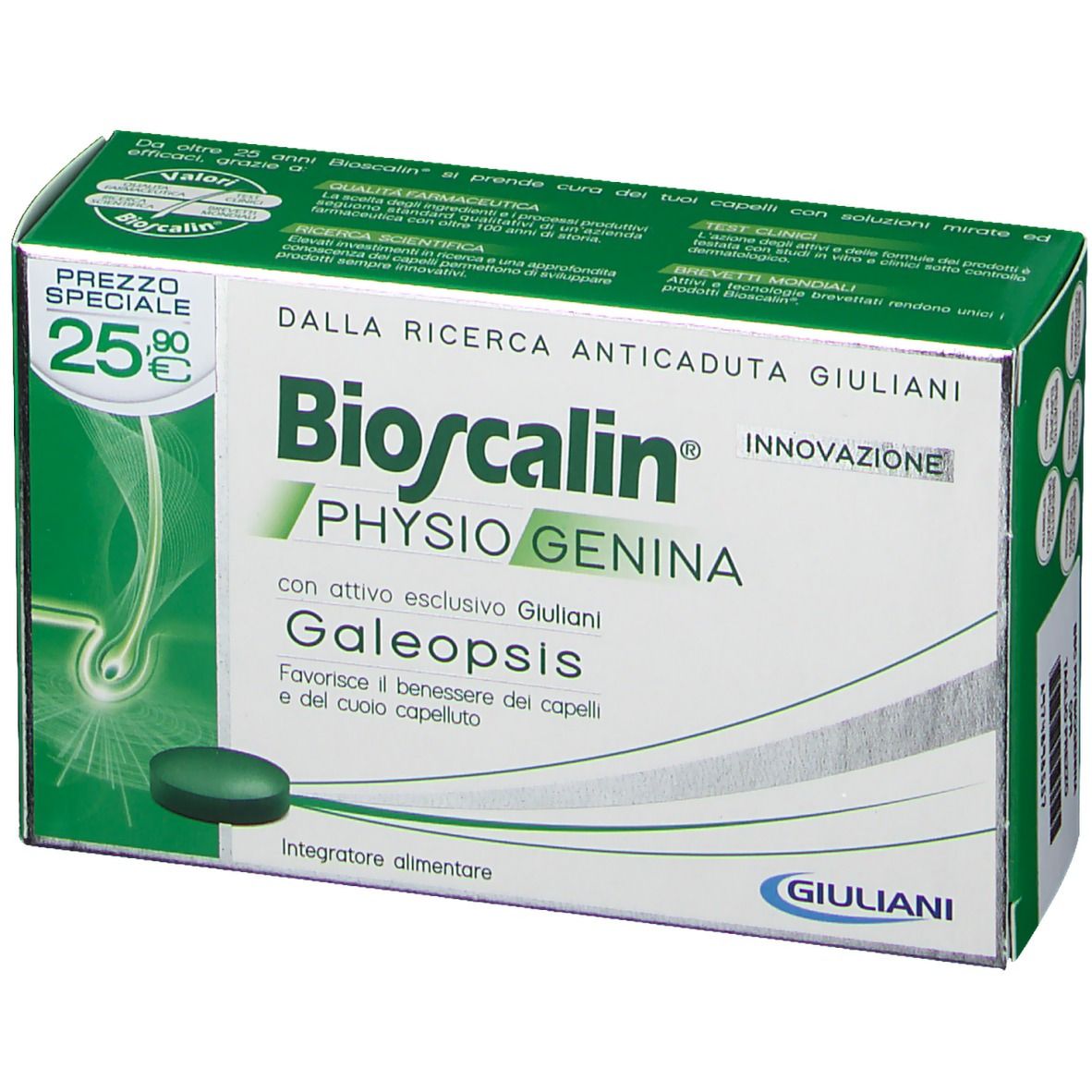 Scatola verde Bioscalin Physiogenina. Contiene una compressa. Testo: 'Dalla Ricerca Anticaduta Giuliani'. Prezzo: 25,90€.