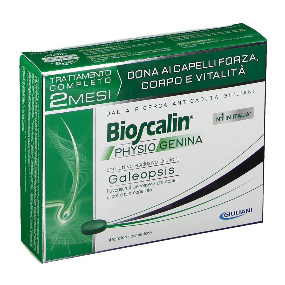 Confezione Bioscalin Physiogenina. Scatola verde e bianca con nome del prodotto. Contiene compresse.