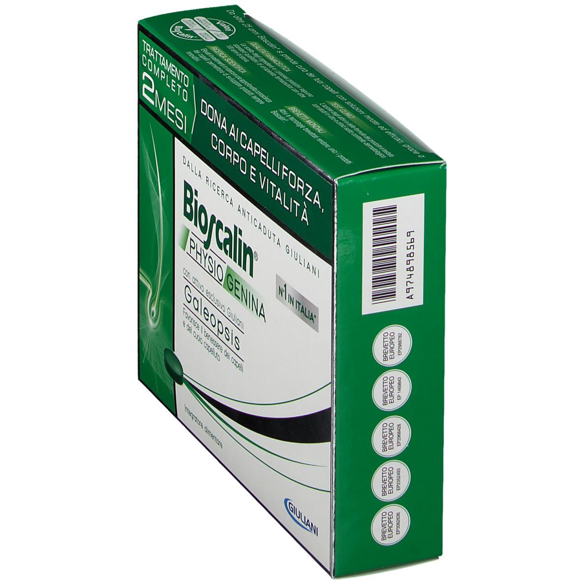 Confezione Bioscalin Physiogenina. Scatola verde e bianca con nome del prodotto e codice a barre. Contiene compresse.