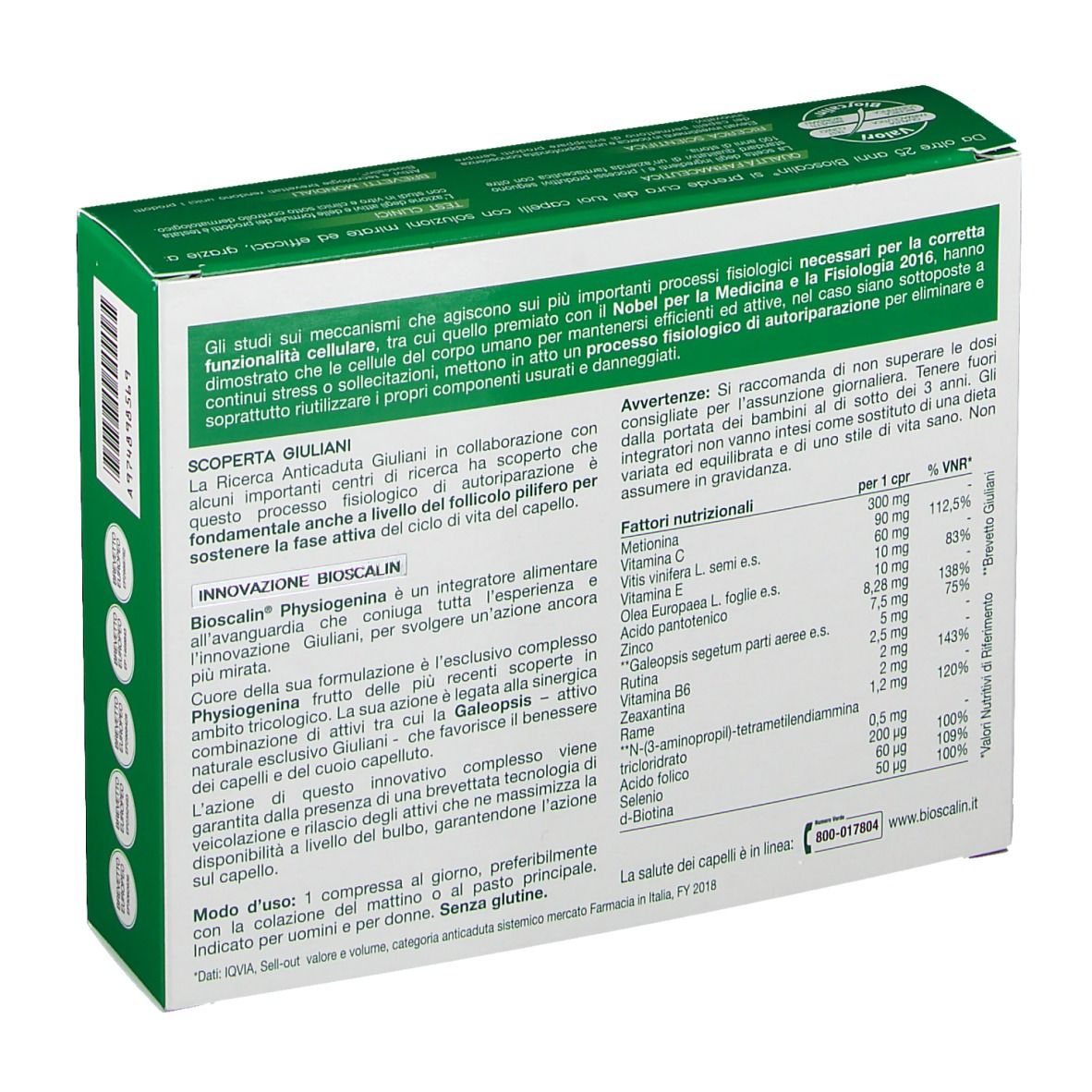 Retro della confezione Bioscalin Physiogenina. Contiene informazioni sugli ingredienti e i valori nutrizionali.