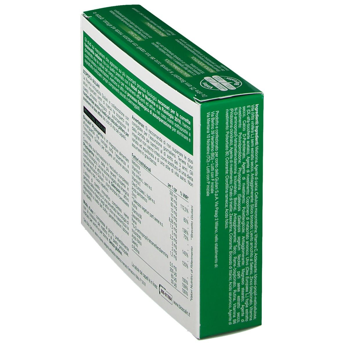 Retro della confezione Bioscalin Physiogenina. Contiene informazioni sugli ingredienti e i valori nutrizionali.