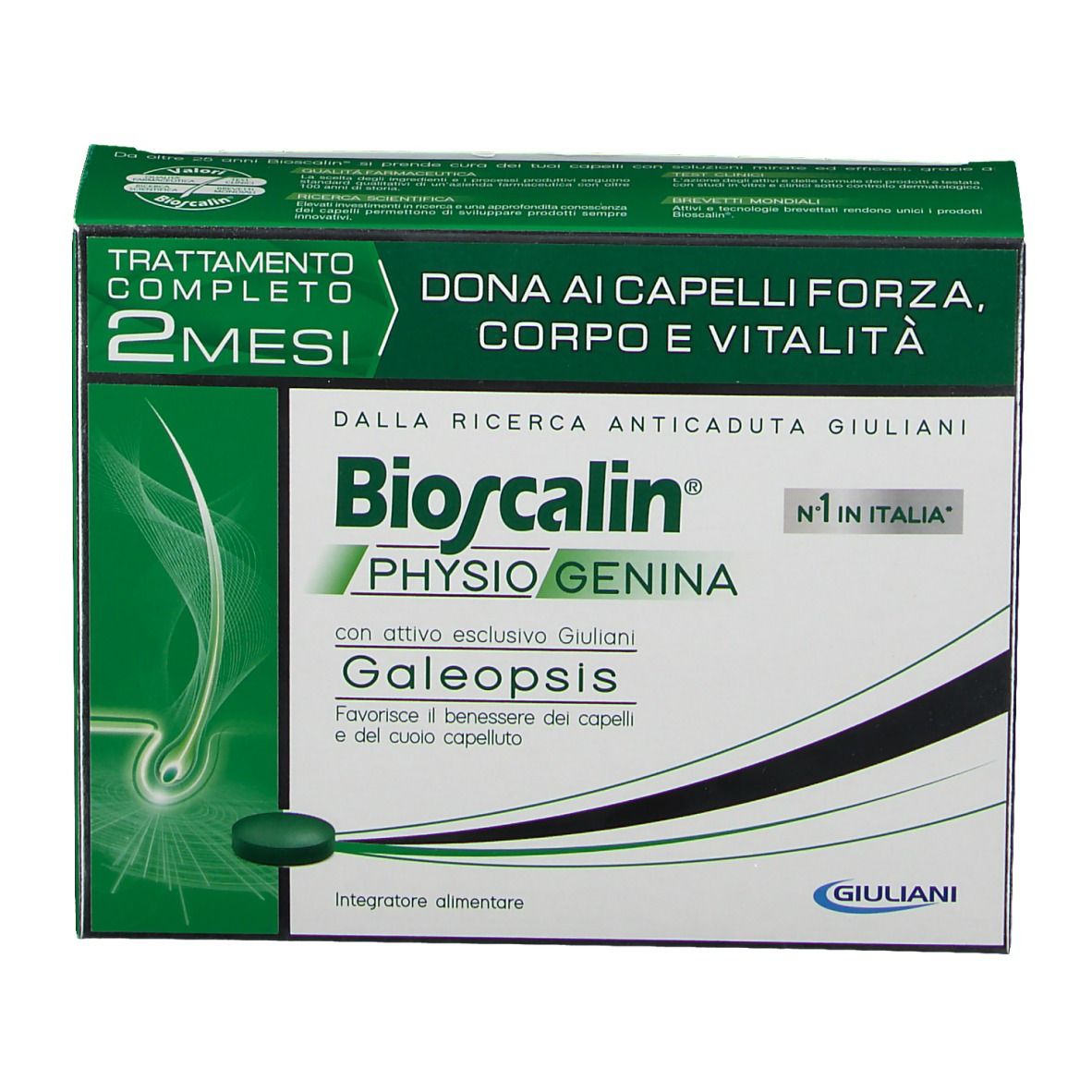 Confezione Bioscalin Physiogenina. Scatola verde e bianca con nome del prodotto. Contiene compresse.