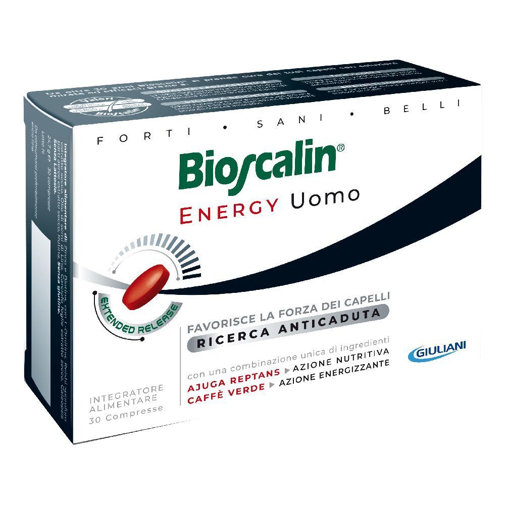 Scatola Bioscalin Energy Uomo. Scatola bianca con compressa rossa e testo. Contiene 30 compresse.