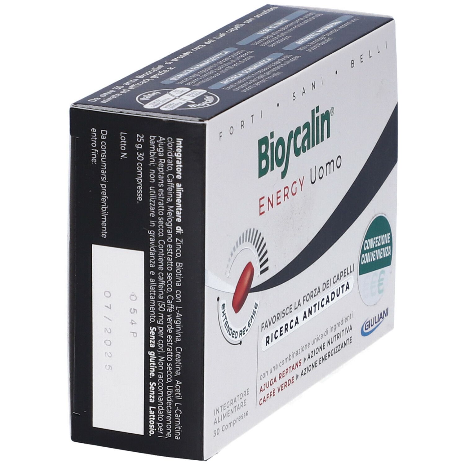 Scatola Bioscalin Energy Uomo. Scatola bianca con compressa rossa e testo. Contiene 30 compresse.
