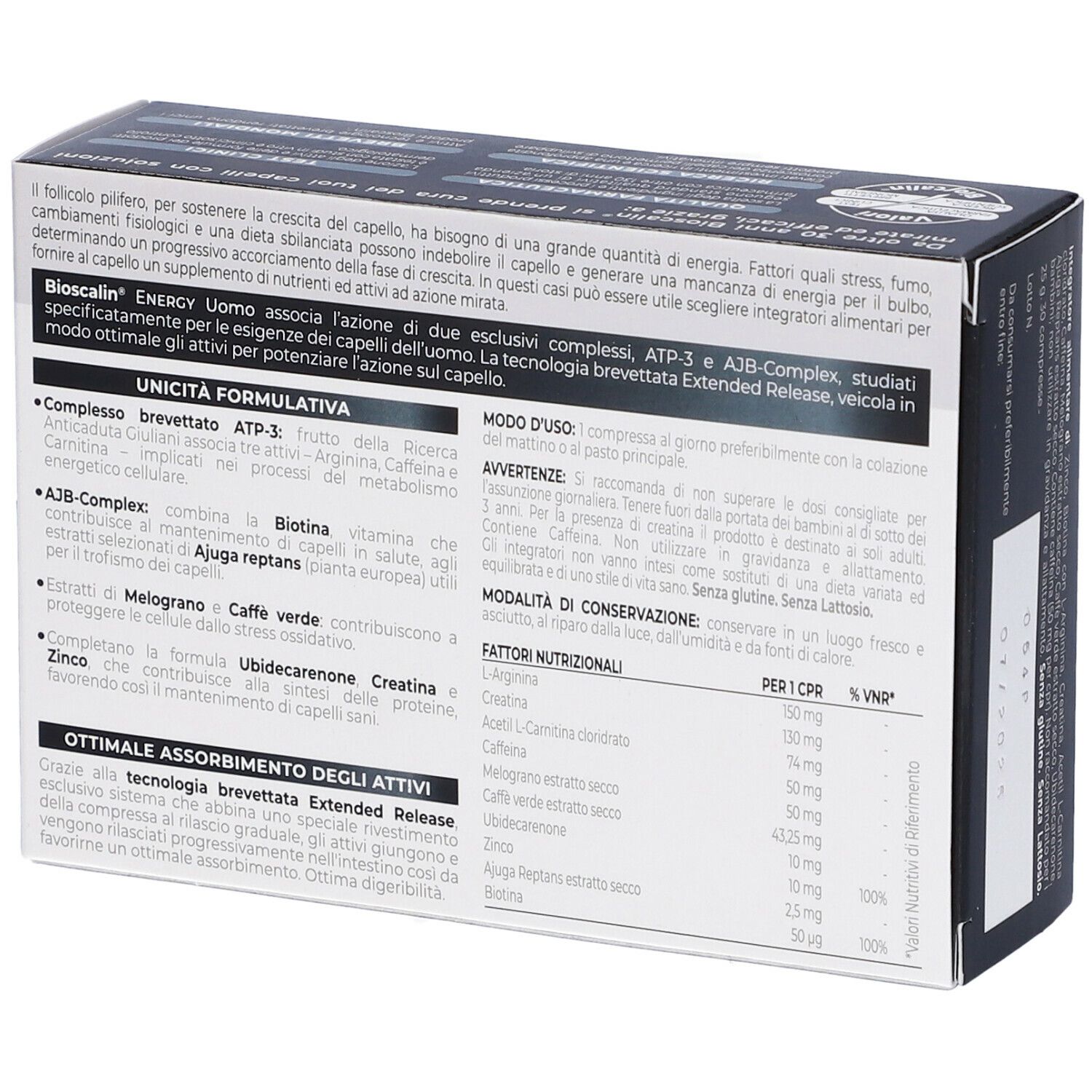 Scatola Bioscalin Energy Uomo. Retro della scatola con testo e ingredienti. Contiene 30 compresse.