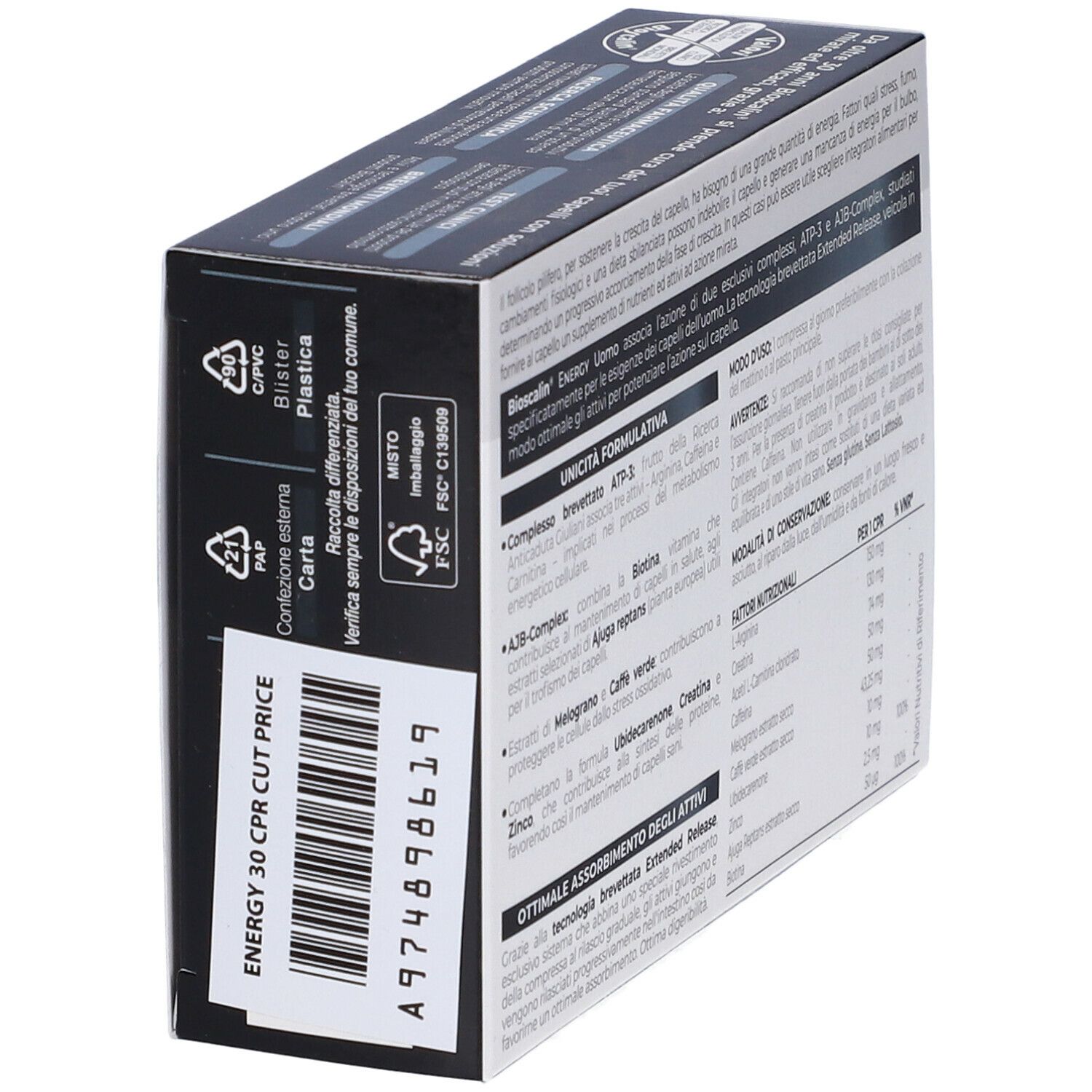 Scatola Bioscalin Energy Uomo. Retro della scatola con testo e ingredienti. Contiene 30 compresse.