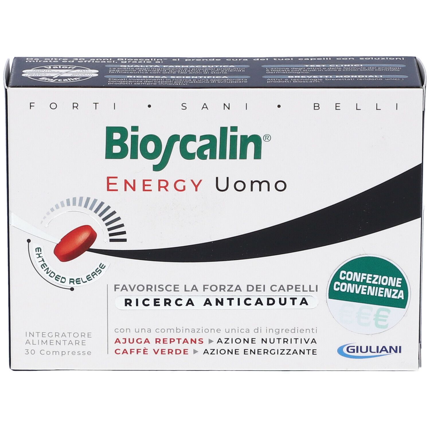 Scatola Bioscalin Energy Uomo. Scatola bianca con compressa rossa e testo. Contiene 30 compresse.