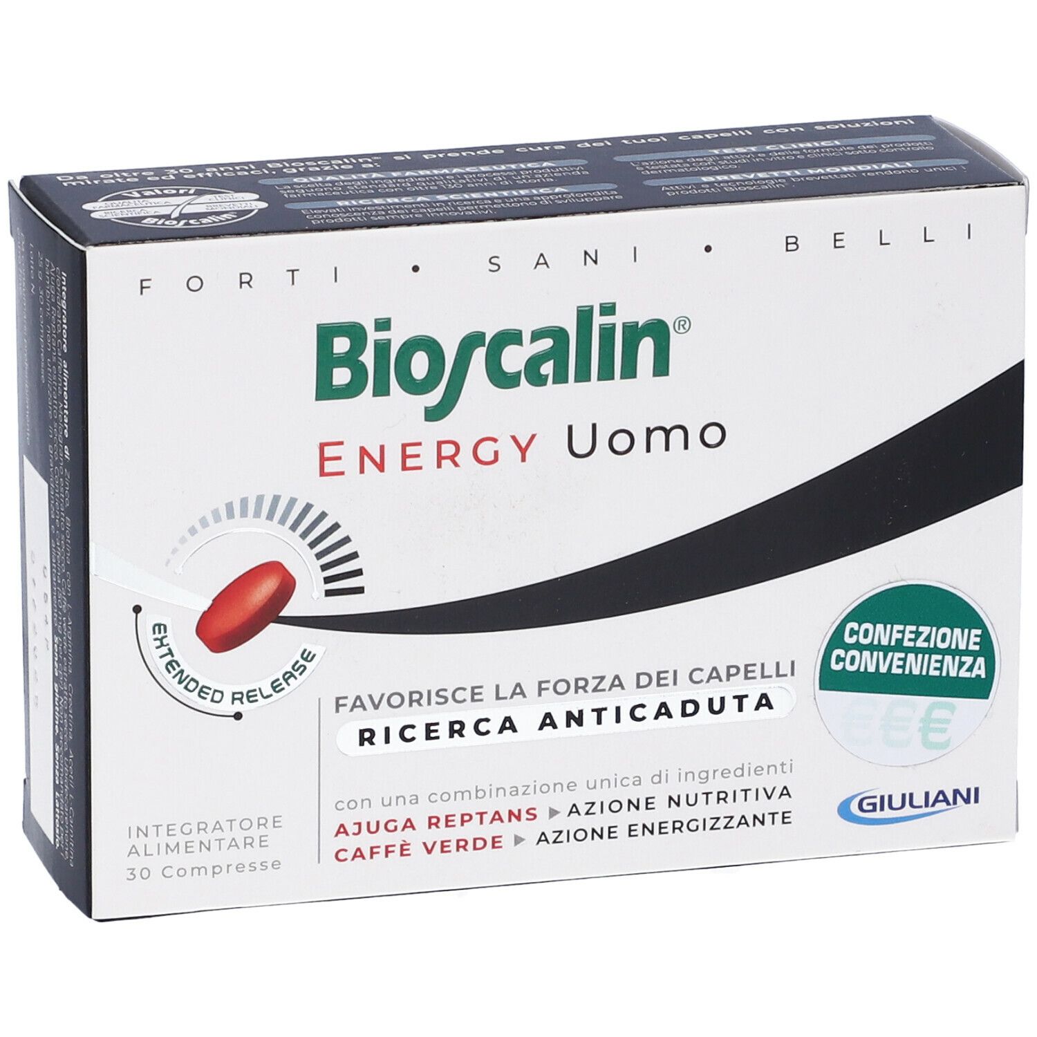 Scatola Bioscalin Energy Uomo. Scatola bianca con compressa rossa e testo. Contiene 30 compresse.