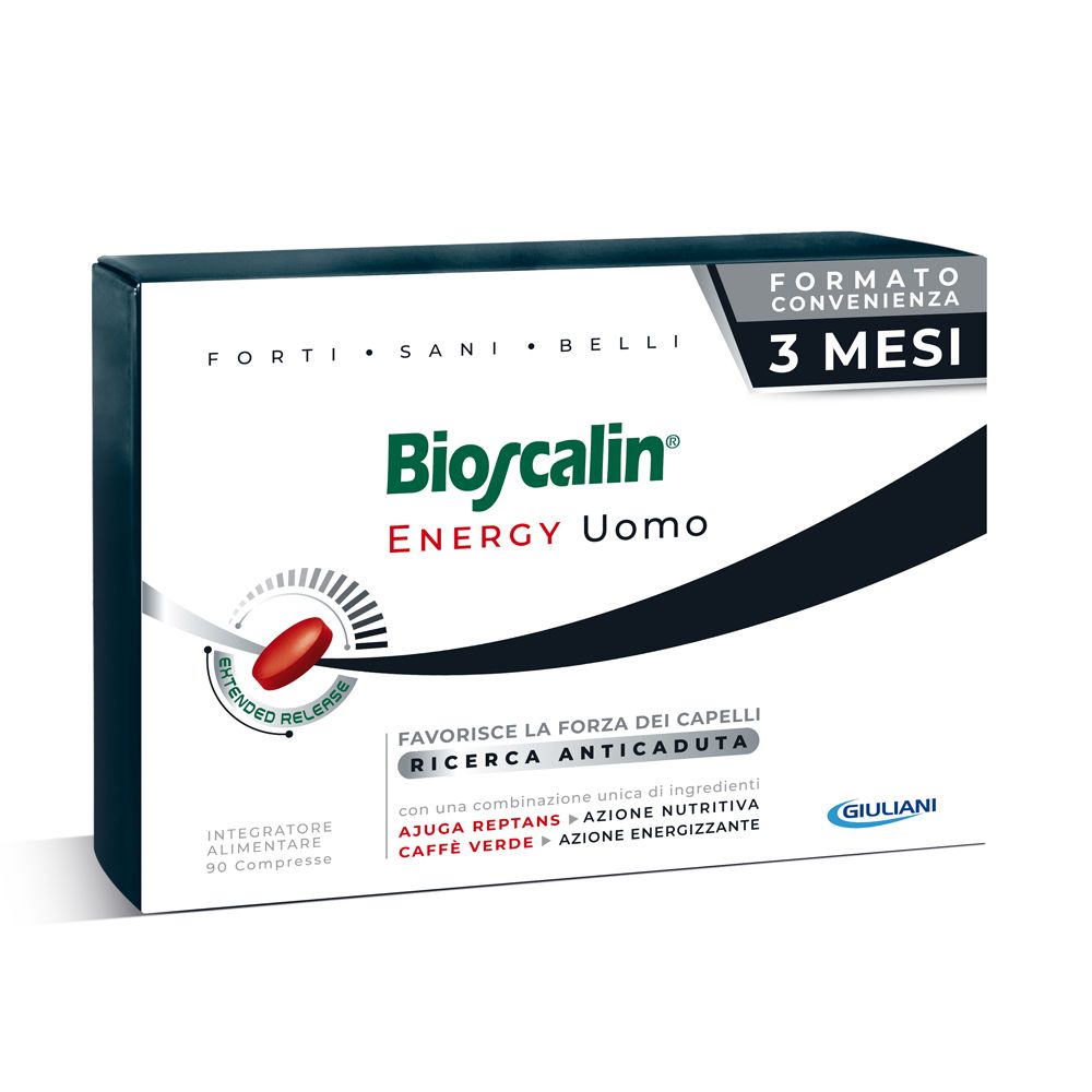 Confezione Bioscalin Energy Uomo. Contiene 90 compresse. Con '3 MESI' e 'Extended Release'.