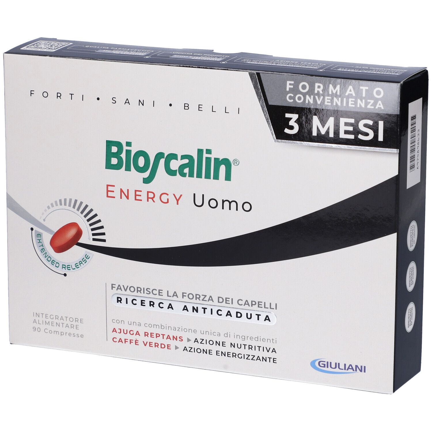 Confezione Bioscalin Energy Uomo. Bianca con testo verde. Loghi '3 MESI' e 'Giuliani'.