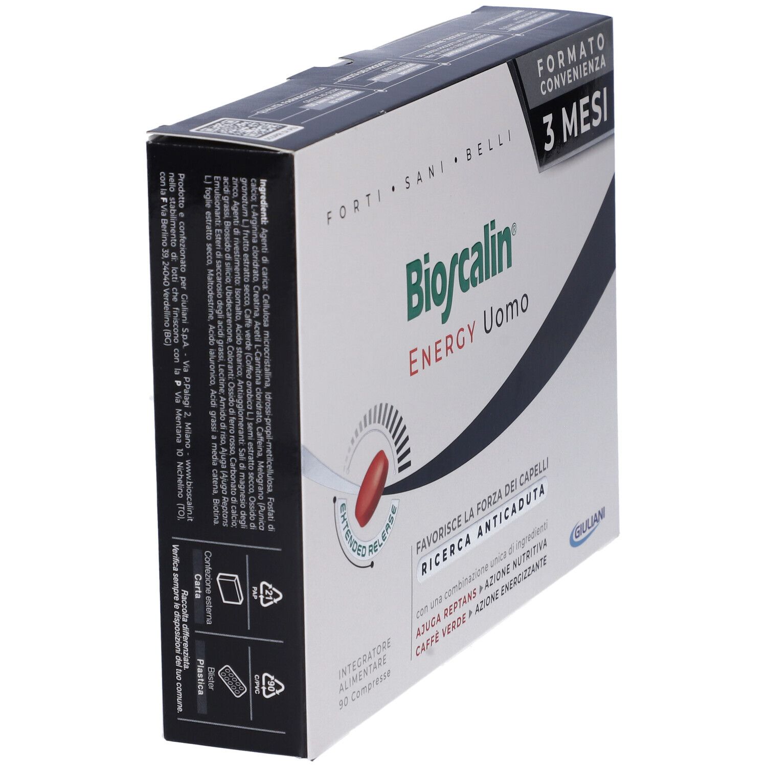 Retro della confezione Bioscalin Energy Uomo. Contiene testo sugli ingredienti e i valori nutrizionali.