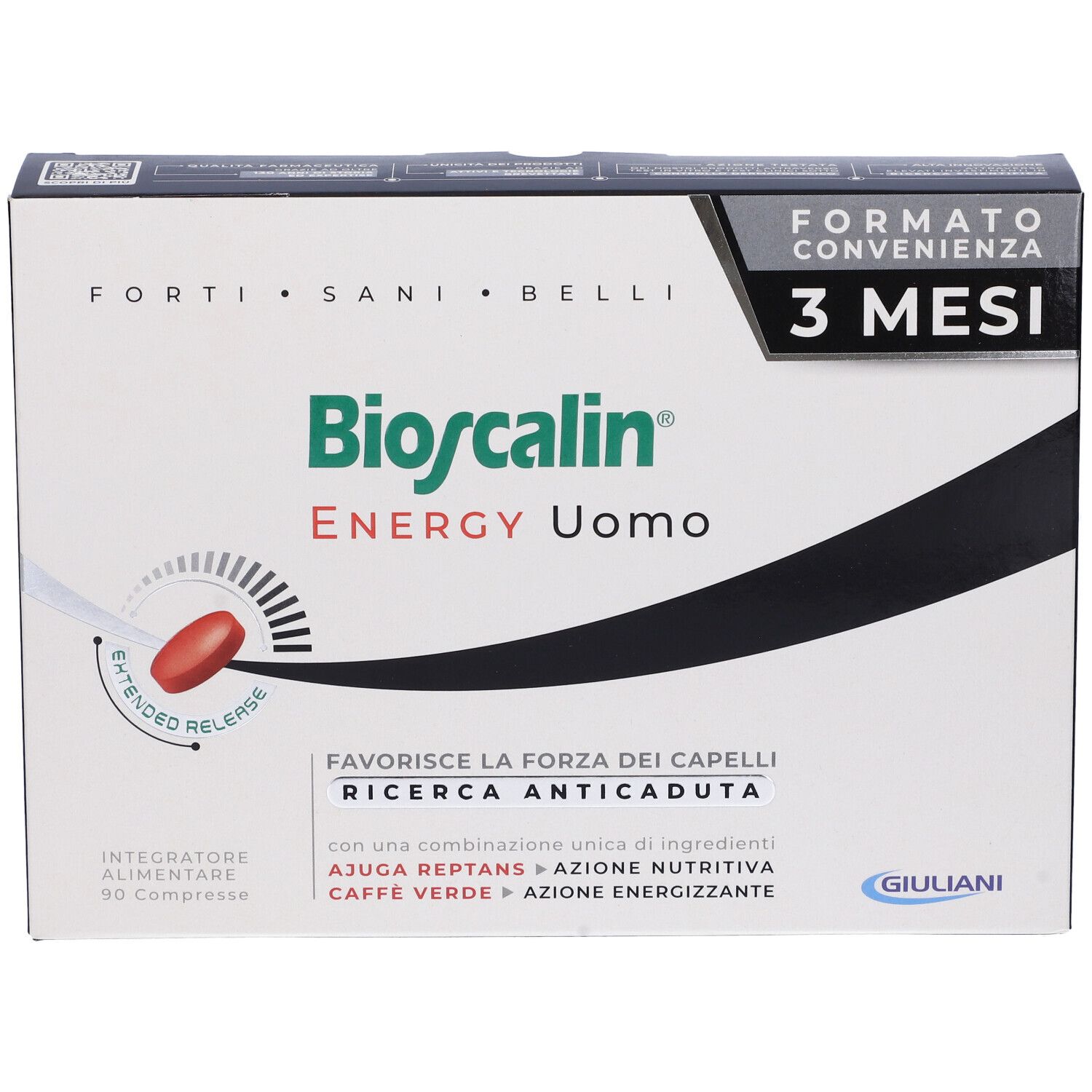 Confezione Bioscalin Energy Uomo. Bianca con testo verde. Loghi '3 MESI' e 'Giuliani'.