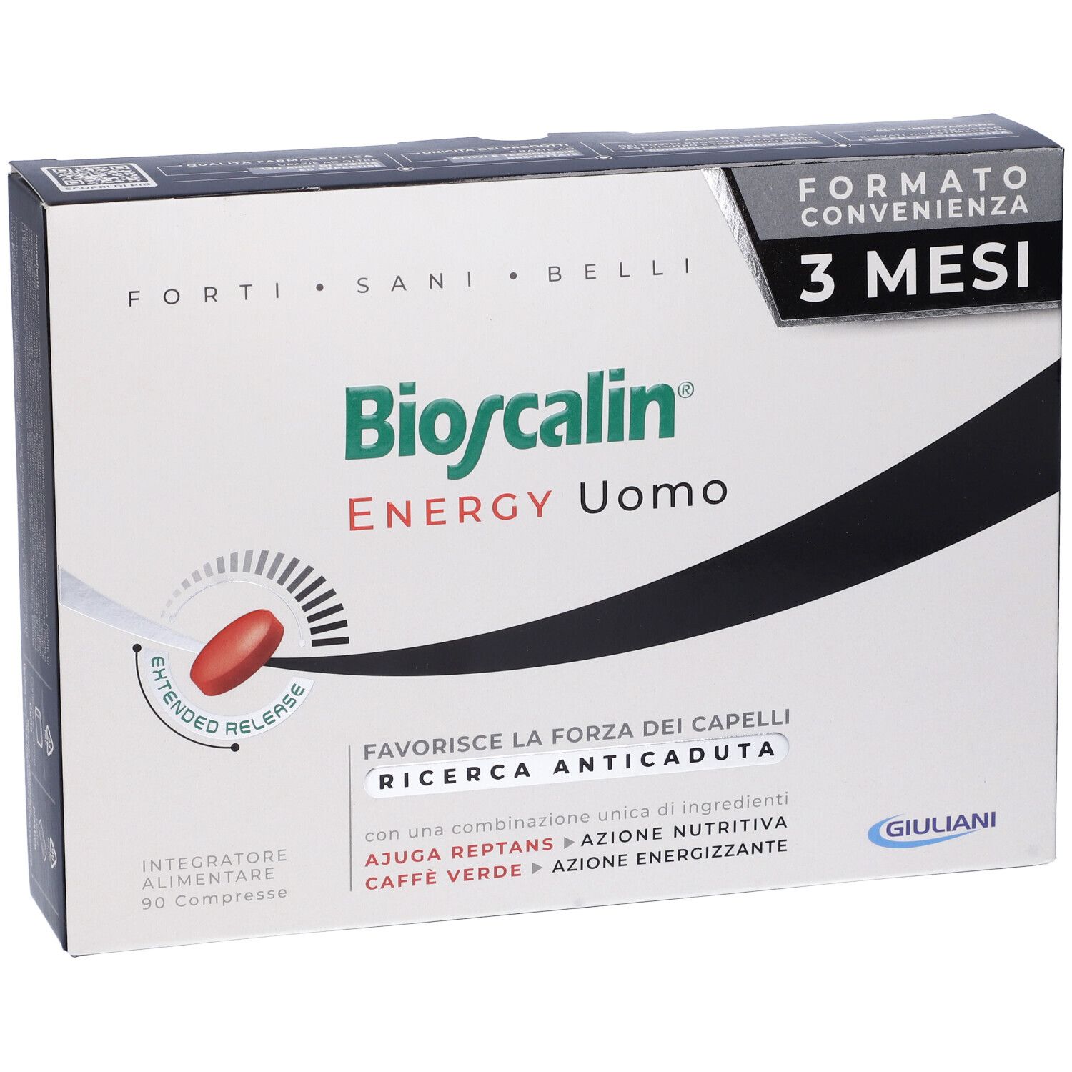 Confezione Bioscalin Energy Uomo. Bianca con testo verde. Loghi '3 MESI' e 'Giuliani'.