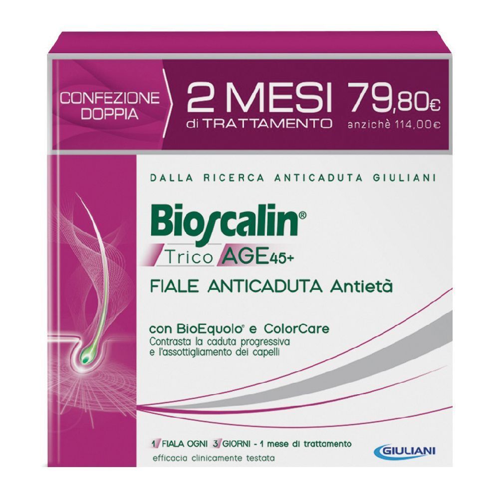 Confezione doppia di Bioscalin TricoAGE 45+ Fiale Anticaduta. Informazioni sul prodotto e prezzo.