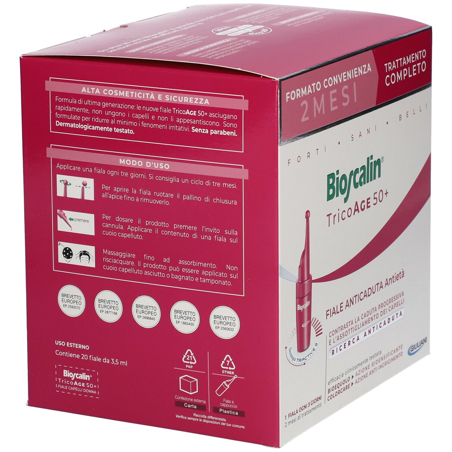 Retro della confezione Bioscalin TricoAGE 50+. Informazioni e istruzioni per l'uso.