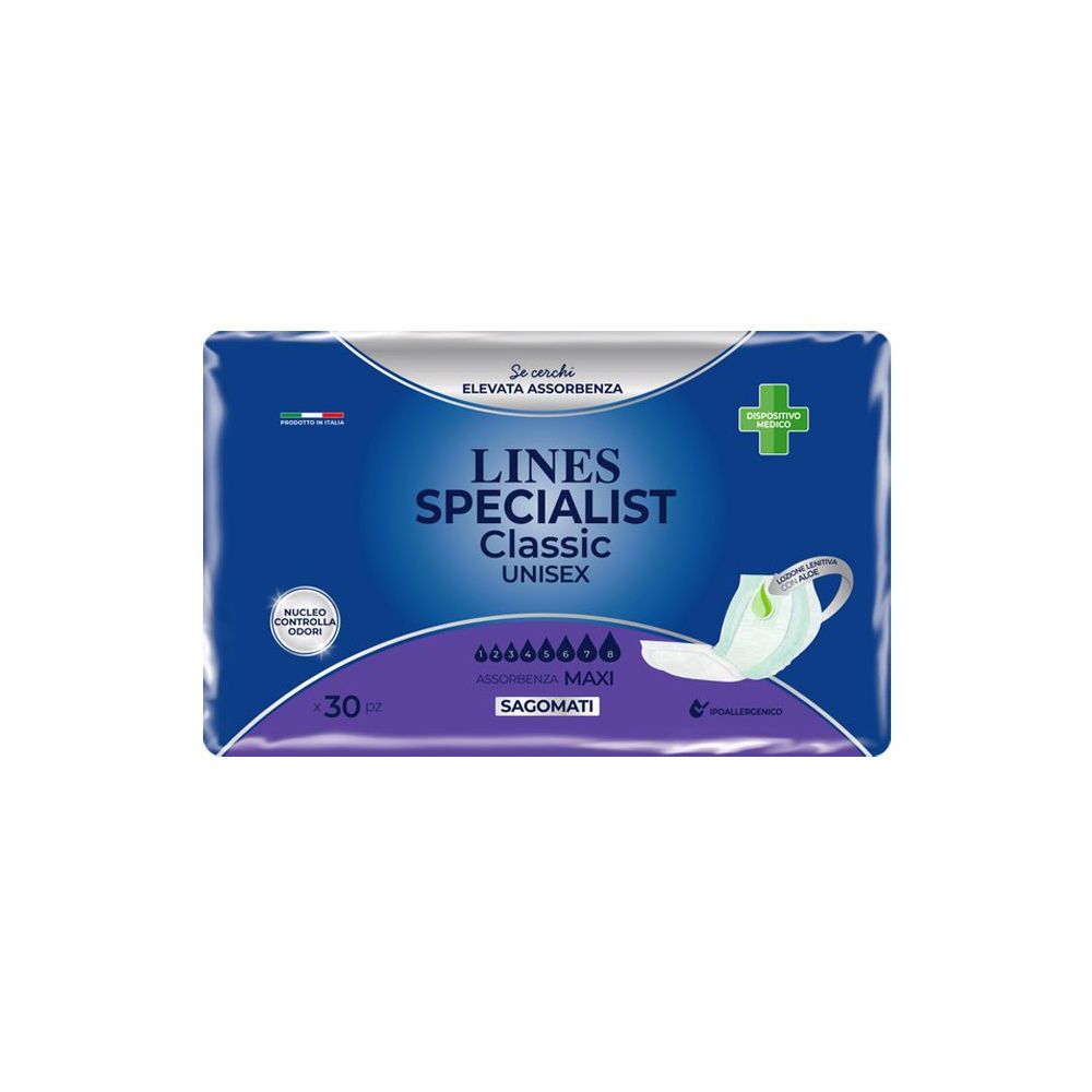 Confezione LINES SPECIALIST Classic Unisex. Confezione blu con immagine del prodotto e testo. Contiene 30 pezzi.