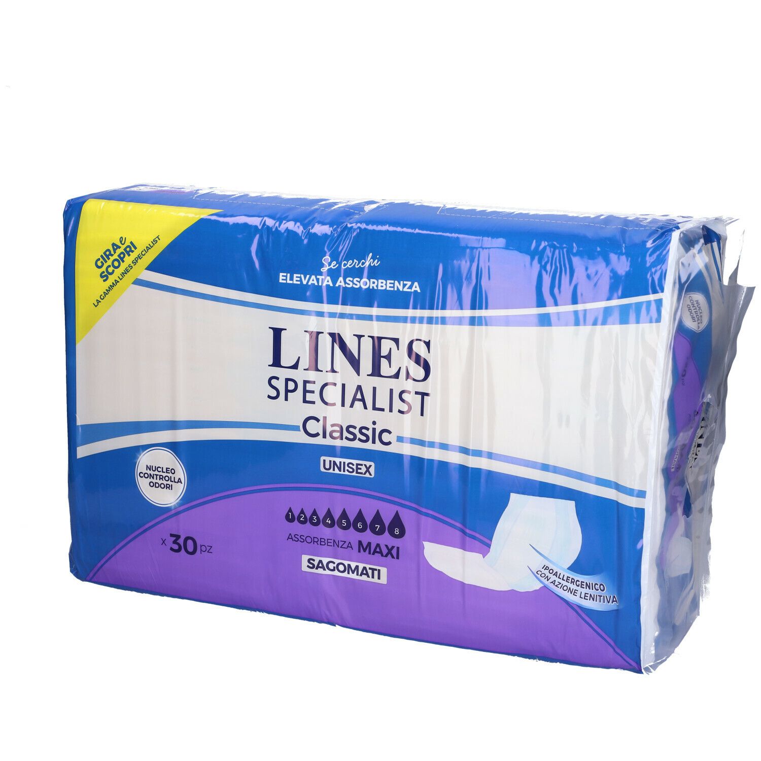 Confezione LINES SPECIALIST Classic Unisex. Confezione blu con immagine del prodotto e testo. 30 pezzi.