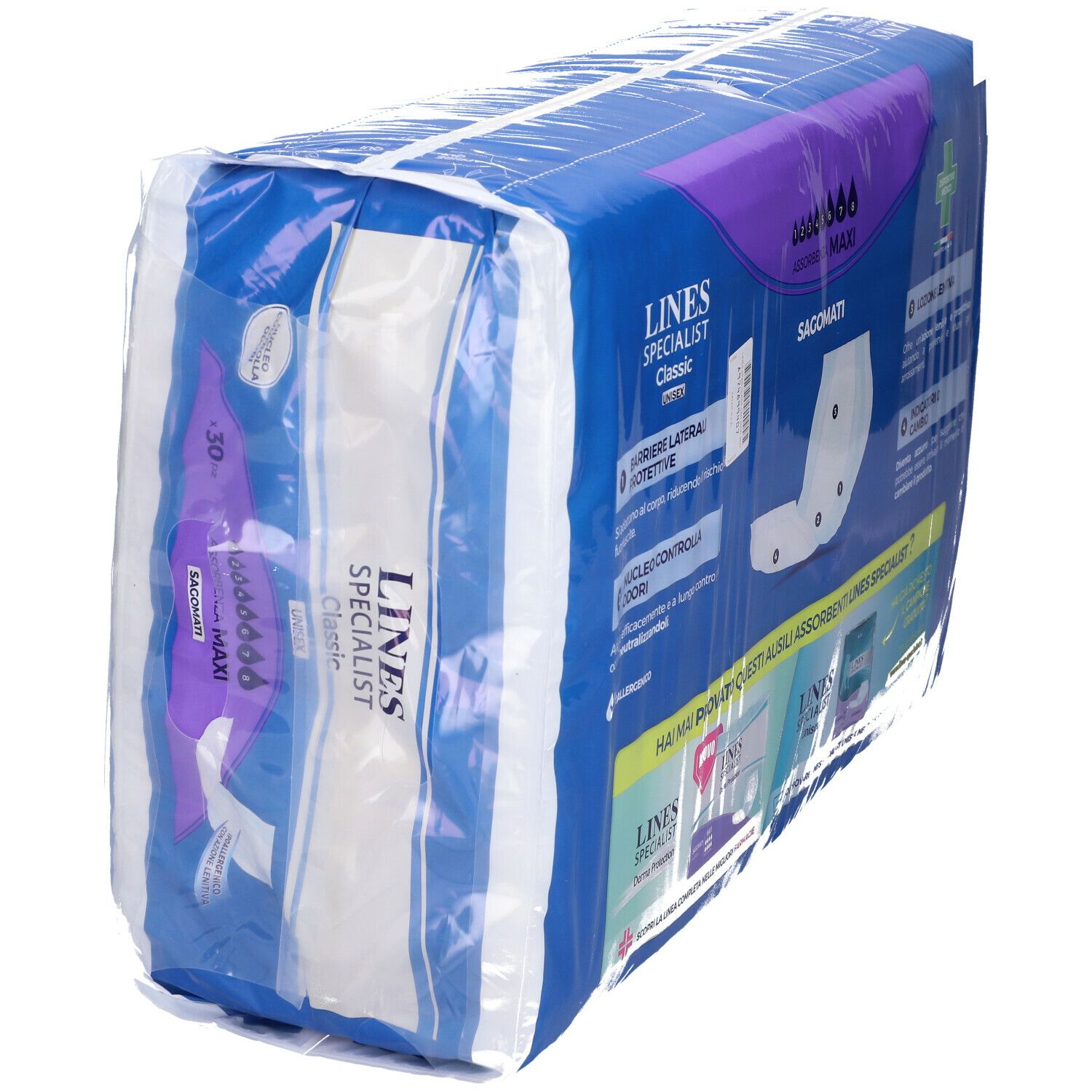 Confezione LINES SPECIALIST Classic Unisex. Confezione blu con immagine del prodotto e testo. 30 pezzi.