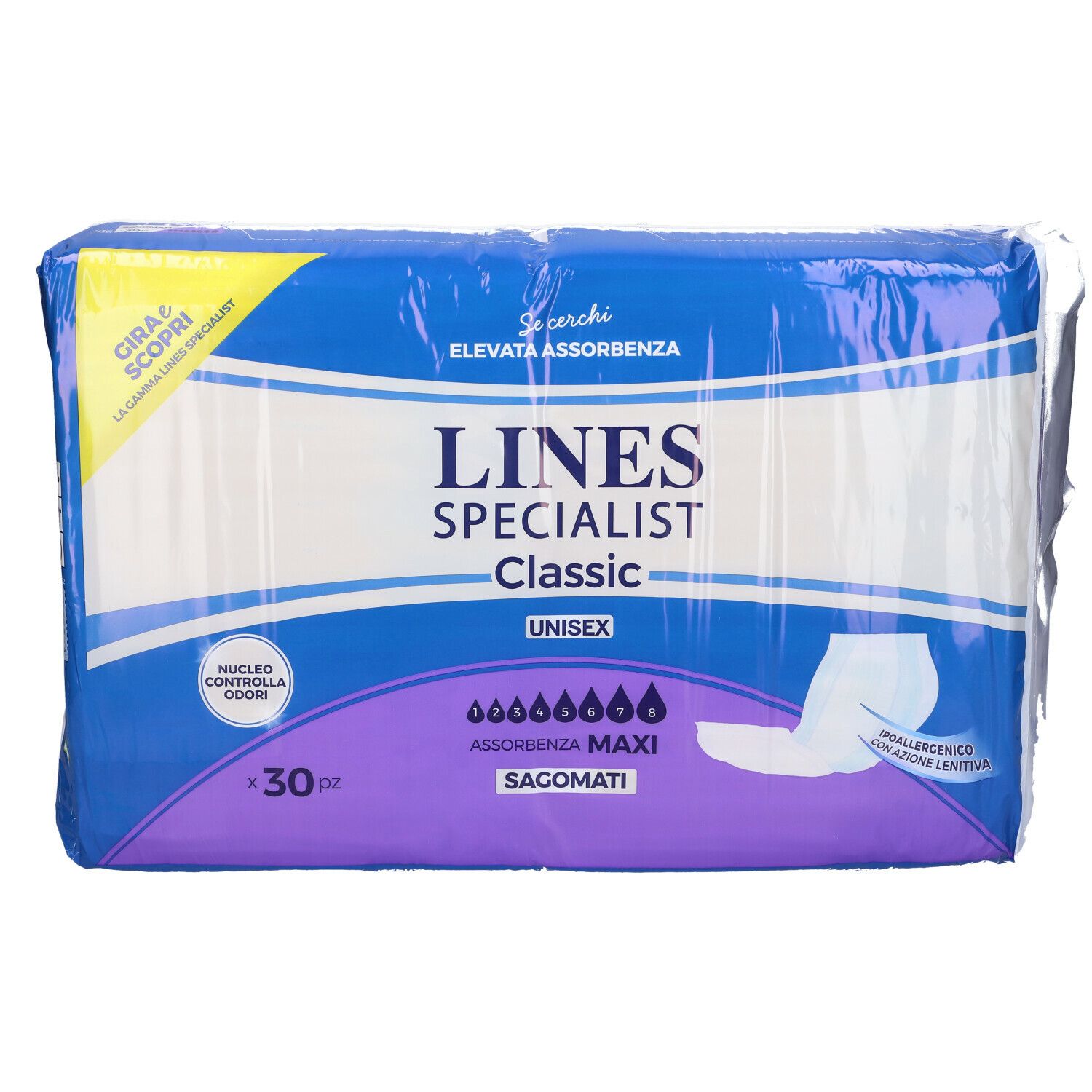 Confezione LINES SPECIALIST Classic Unisex. Confezione blu con immagine del prodotto e testo. 30 pezzi.