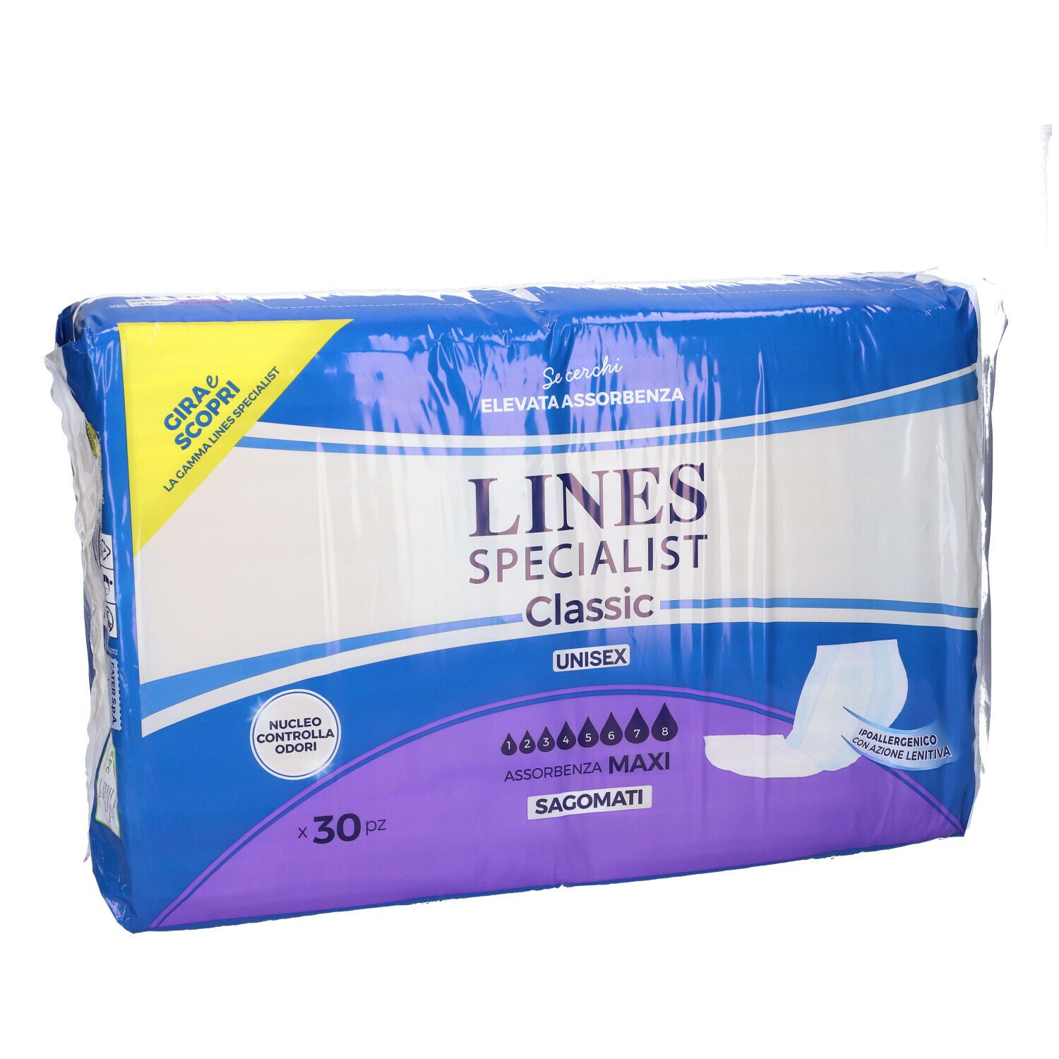 Confezione LINES SPECIALIST Classic Unisex. Confezione blu con immagine del prodotto e testo. 30 pezzi.