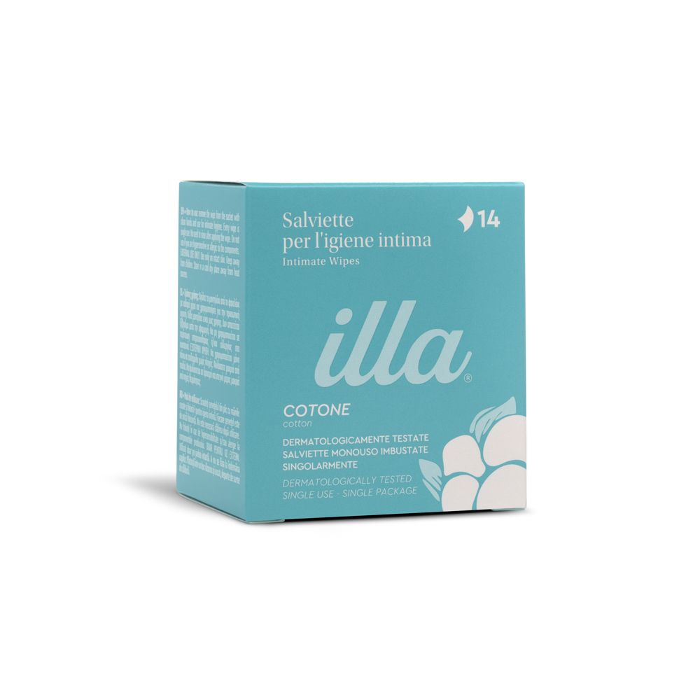 Scatola turchese con logo "illa" e testo. Contiene salviette intime. Simbolo cotone e "14" pezzi.