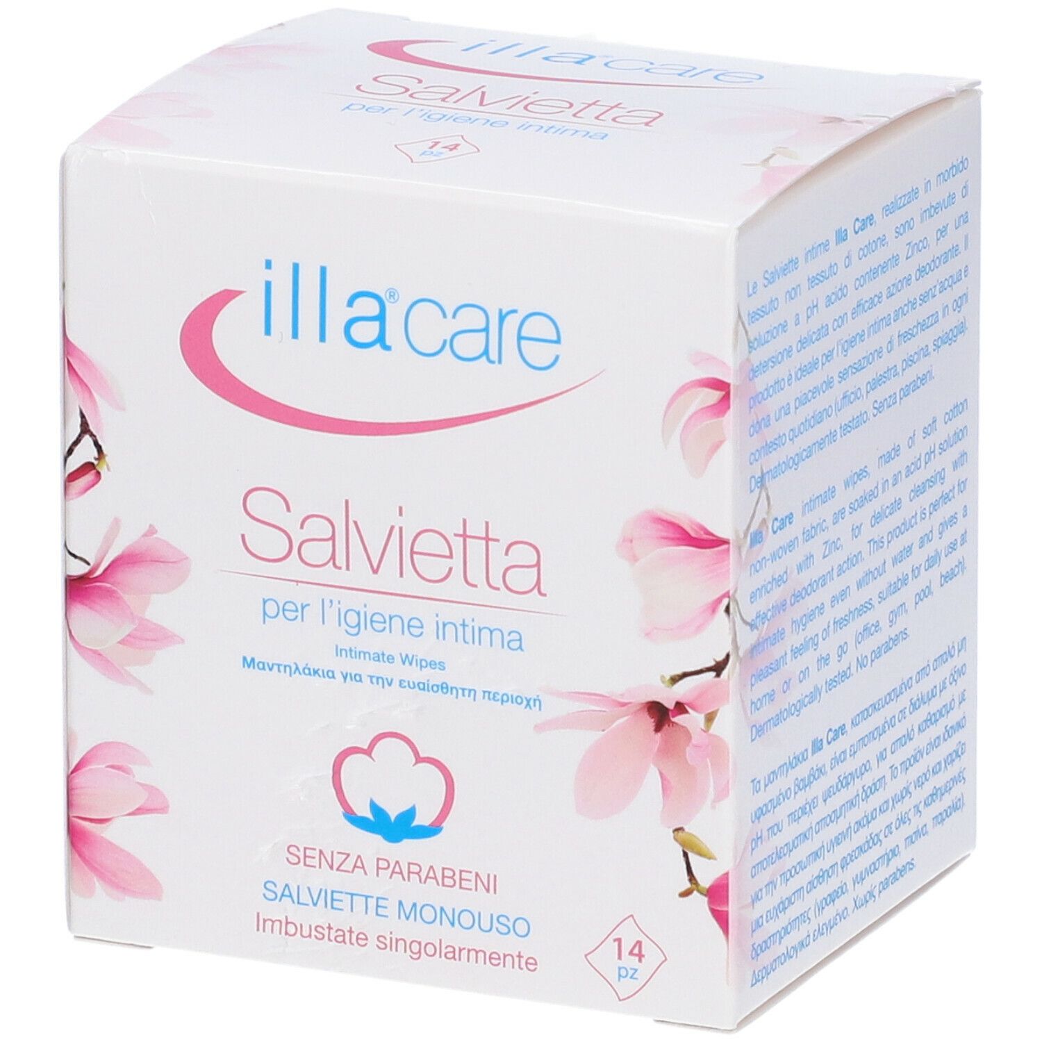 Scatola bianca con logo "illa care" e testo. Contiene salviette intime. Motivo floreale e "14" pezzi.