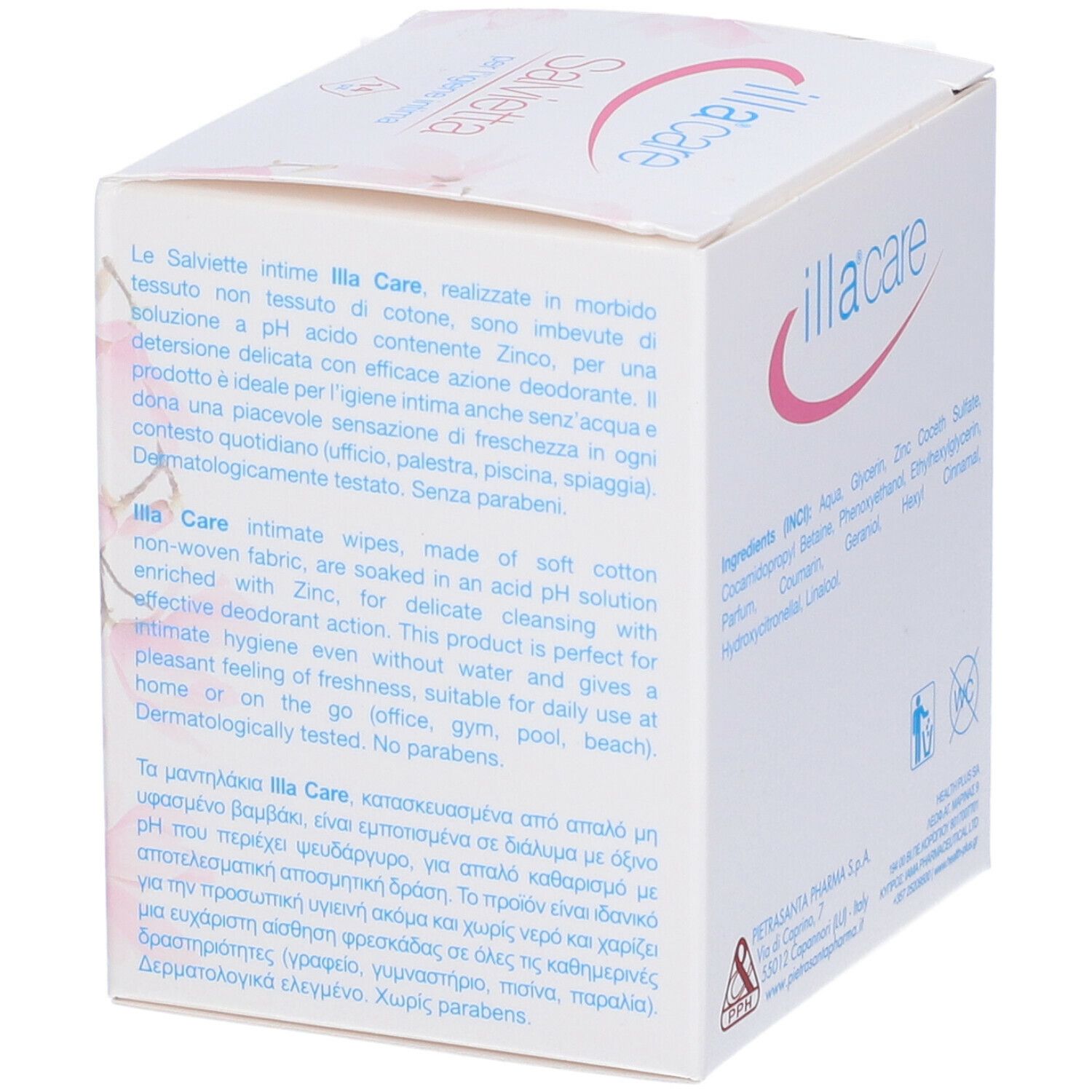 Lato della scatola bianca con testo e motivo floreale. Contiene descrizione del prodotto e ingredienti.