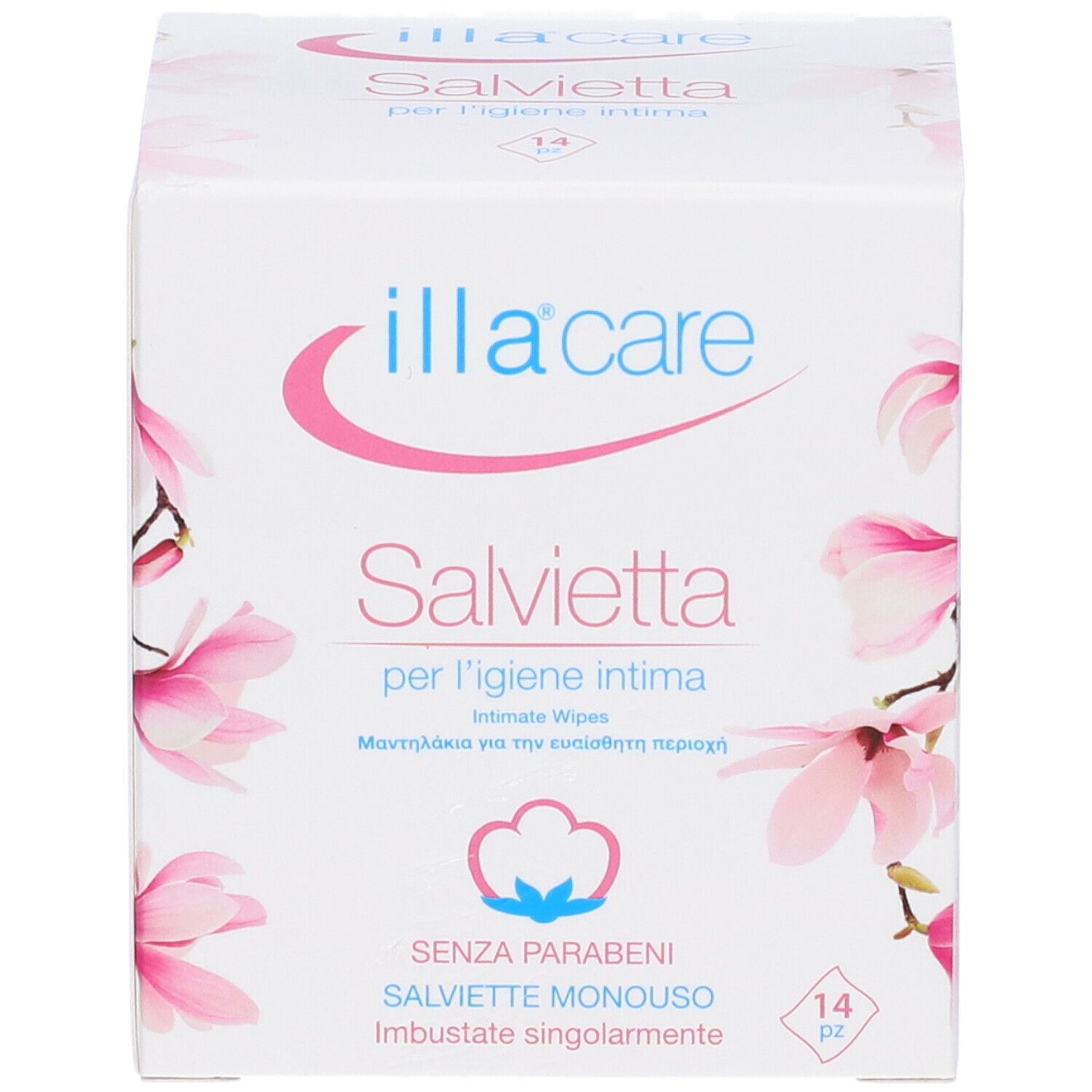 Scatola bianca con logo "illa care" e testo. Contiene salviette intime. Motivo floreale e "14" pezzi.