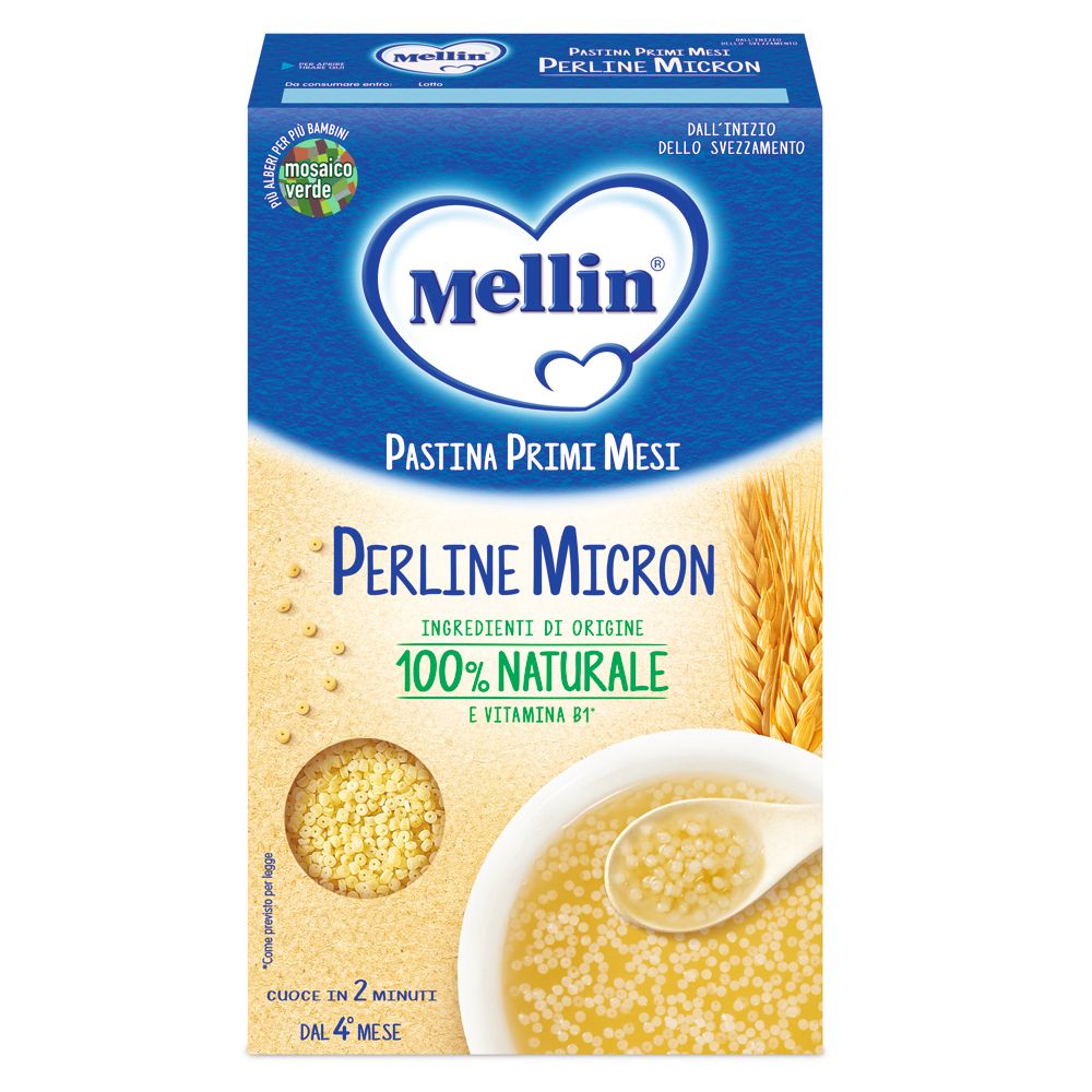 Verpackung von Mellin Perline Micron. Blaue Schachtel mit Produktnamen und Logo. Enthält Getreide und eine Schüssel mit Brei.
