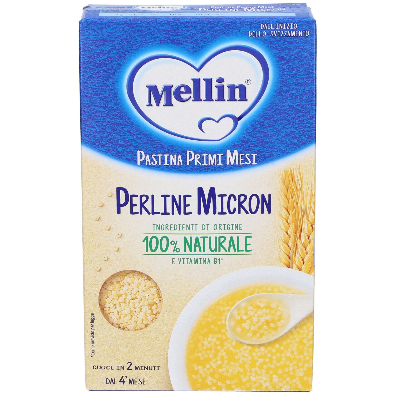 Mellin Pasta Perline Micron Verpackung. Blaue Schachtel mit Produktnamen, Getreide und Brei-Abbildung.