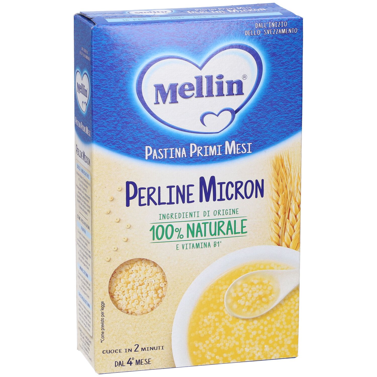Mellin Pasta Perline Micron Verpackung. Blaue Schachtel mit Produktnamen, Getreide und Brei-Abbildung.