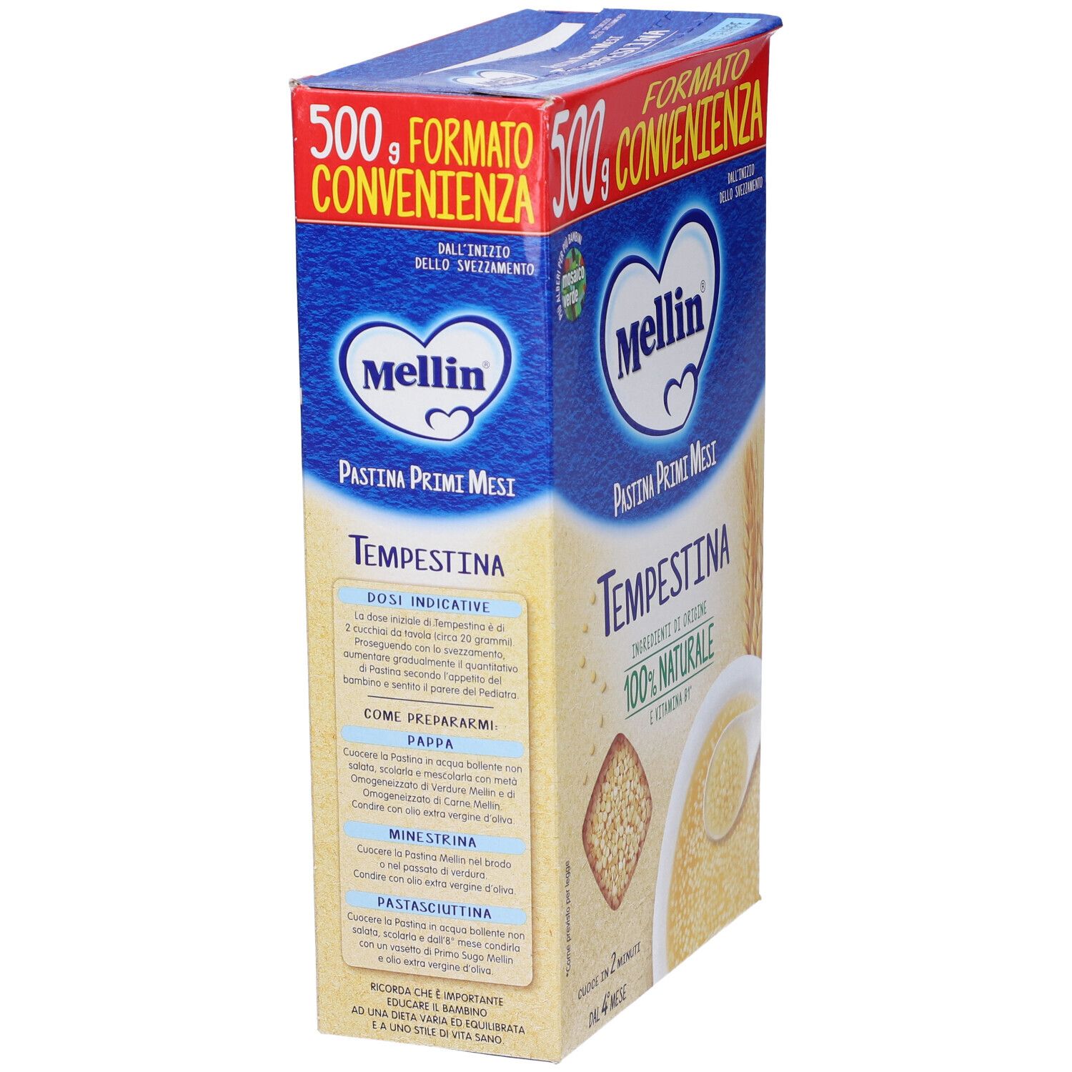 Confezione Mellin Tempestina 500g, vista laterale. Confezione blu e rossa con informazioni sul prodotto e logo. Contiene testo e immagini.