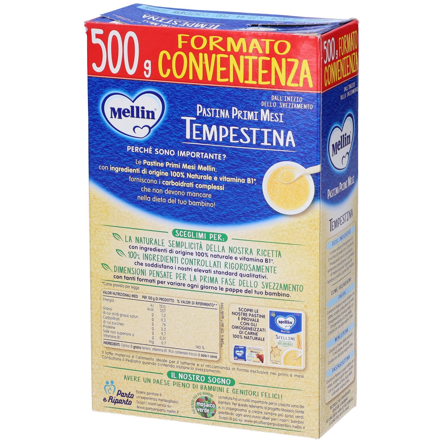 Confezione Mellin Tempestina 500g, retro. Confezione blu e rossa con informazioni sul prodotto e logo. Contiene testo e informazioni nutrizionali.