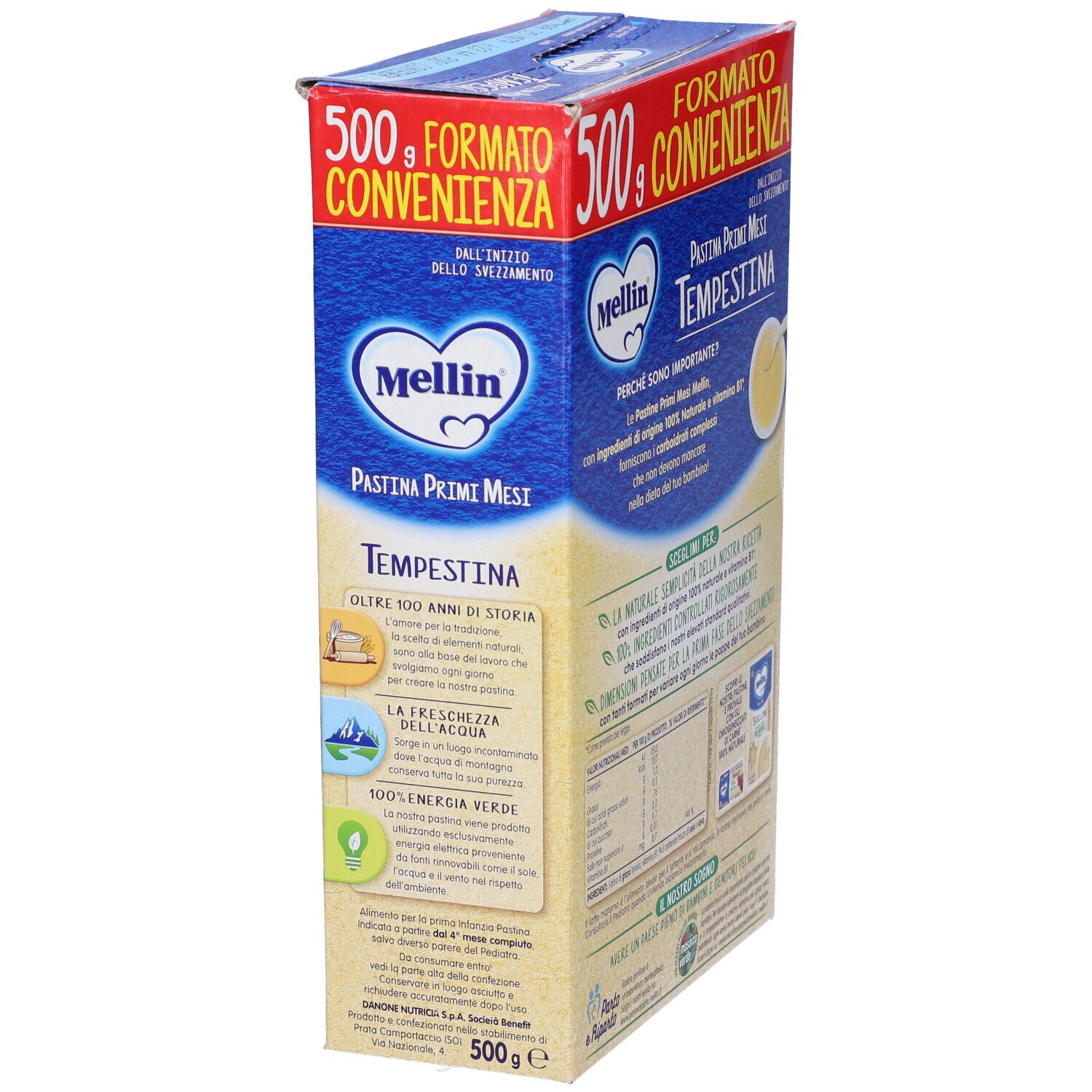 Confezione Mellin Tempestina 500g, vista laterale. Confezione blu e rossa con informazioni sul prodotto e logo. Contiene testo e immagini.