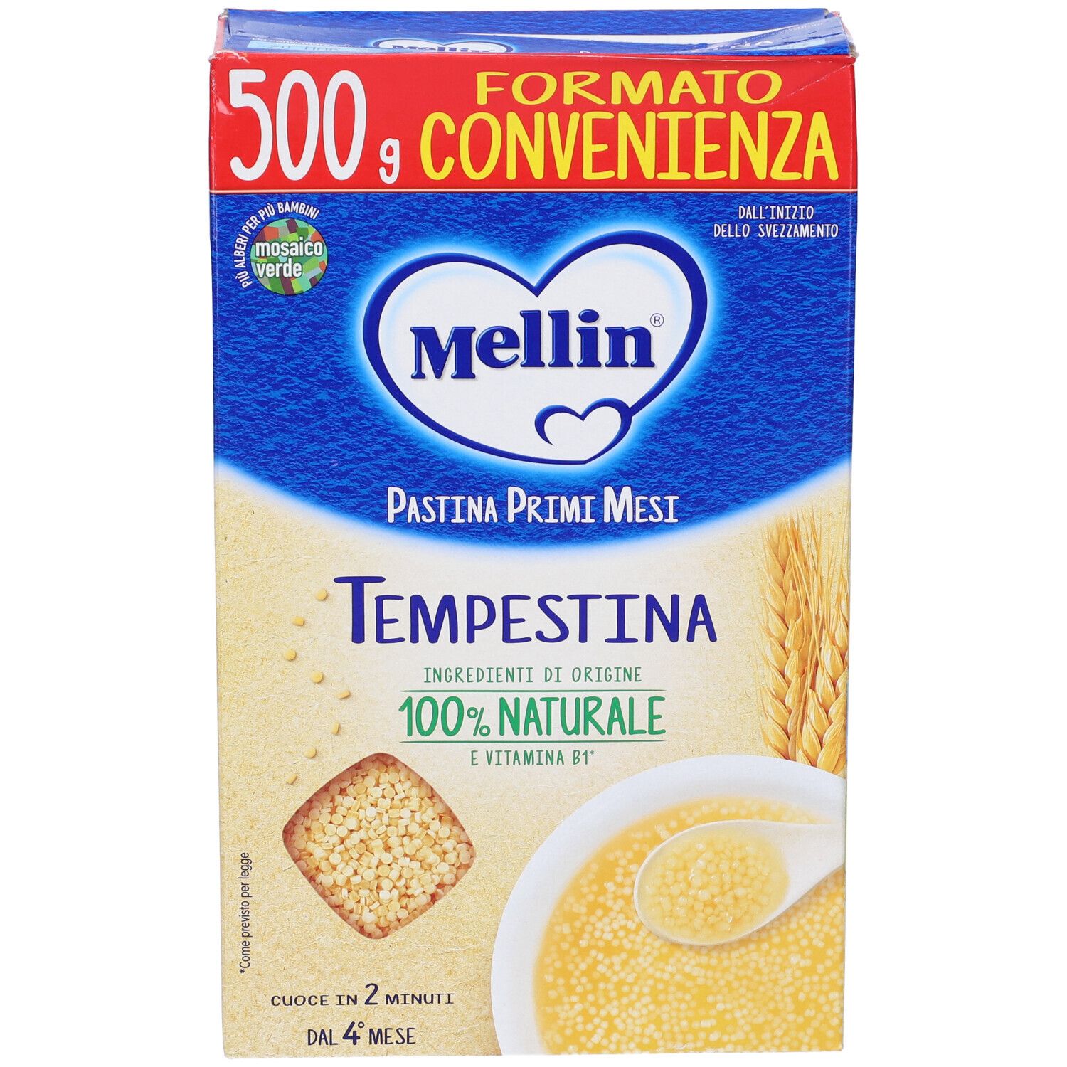 Confezione Mellin Tempestina 500g. Confezione blu e rossa con logo e nome del prodotto. Contiene immagini di cereali e pappa.