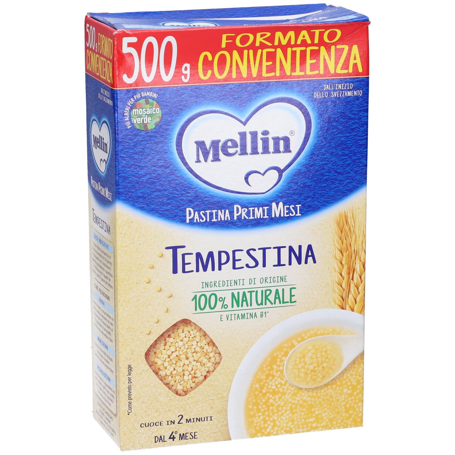 Confezione Mellin Tempestina 500g, vista obliqua. Confezione blu e rossa con logo e nome del prodotto. Contiene immagini di cereali e pappa.