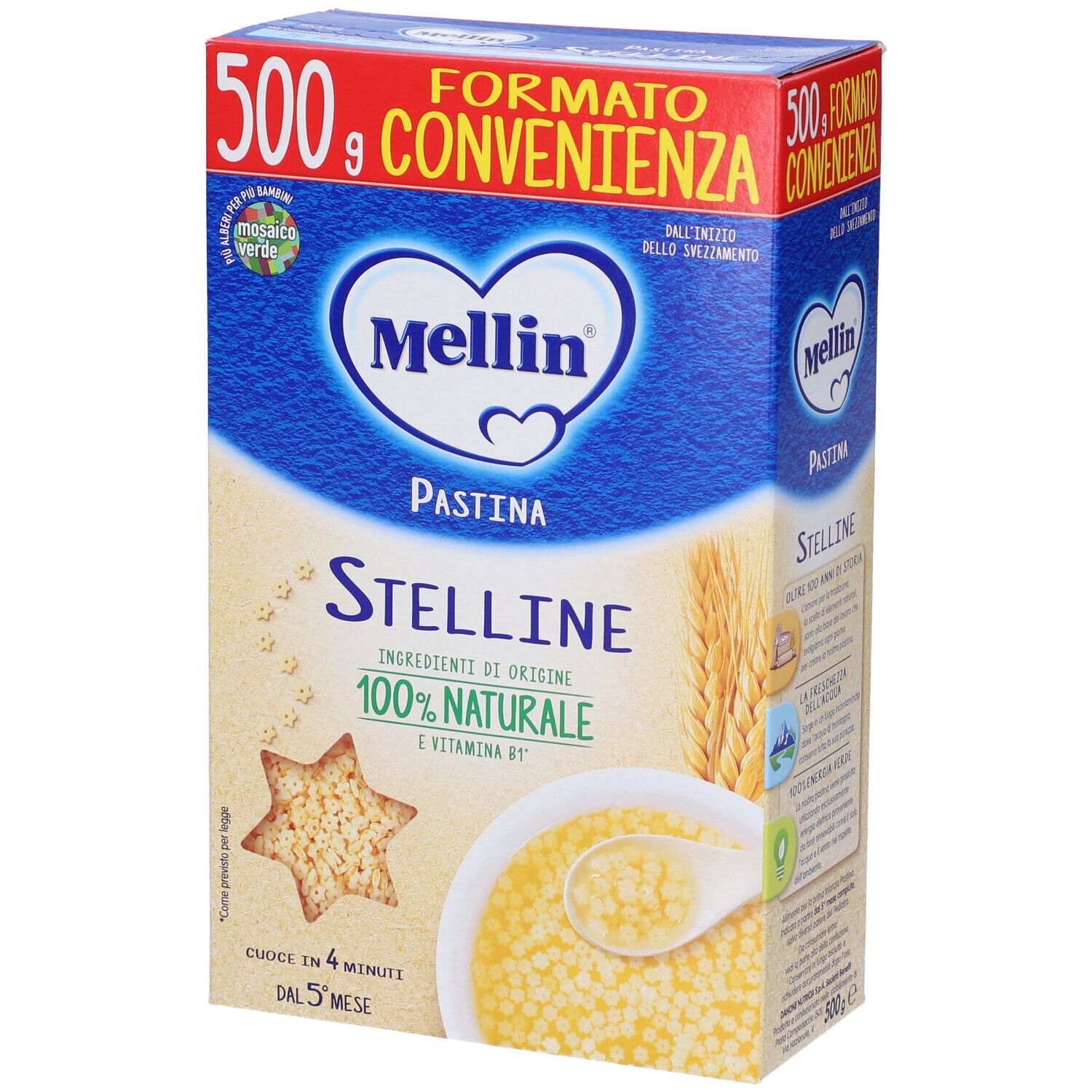 Confezione di Mellin Pastina Stelline. Scatola blu e gialla con nome del prodotto, pasta a stelline e indicazione 100% naturale.