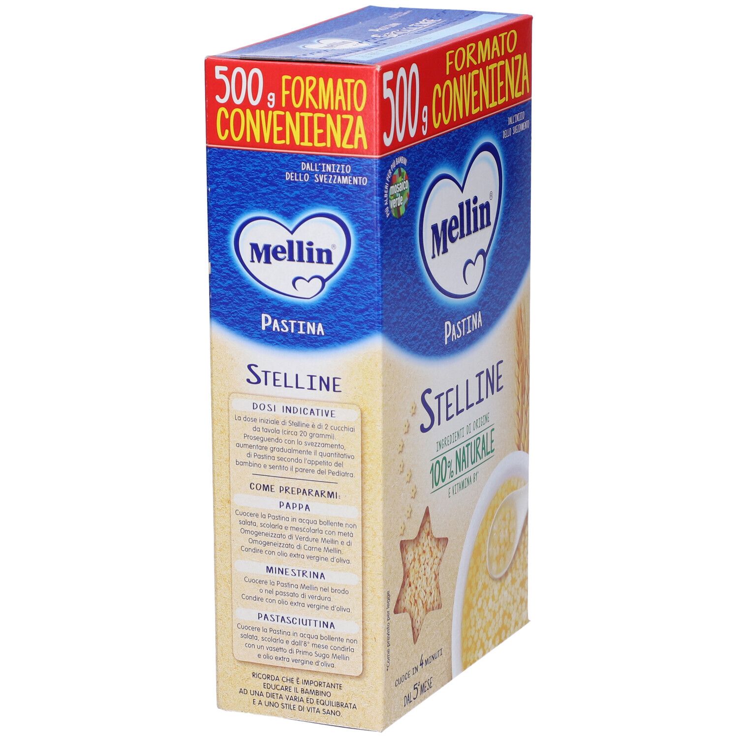 Vista laterale della confezione Mellin Pastina Stelline. Scatola blu e gialla con nome del prodotto e testo sugli ingredienti.