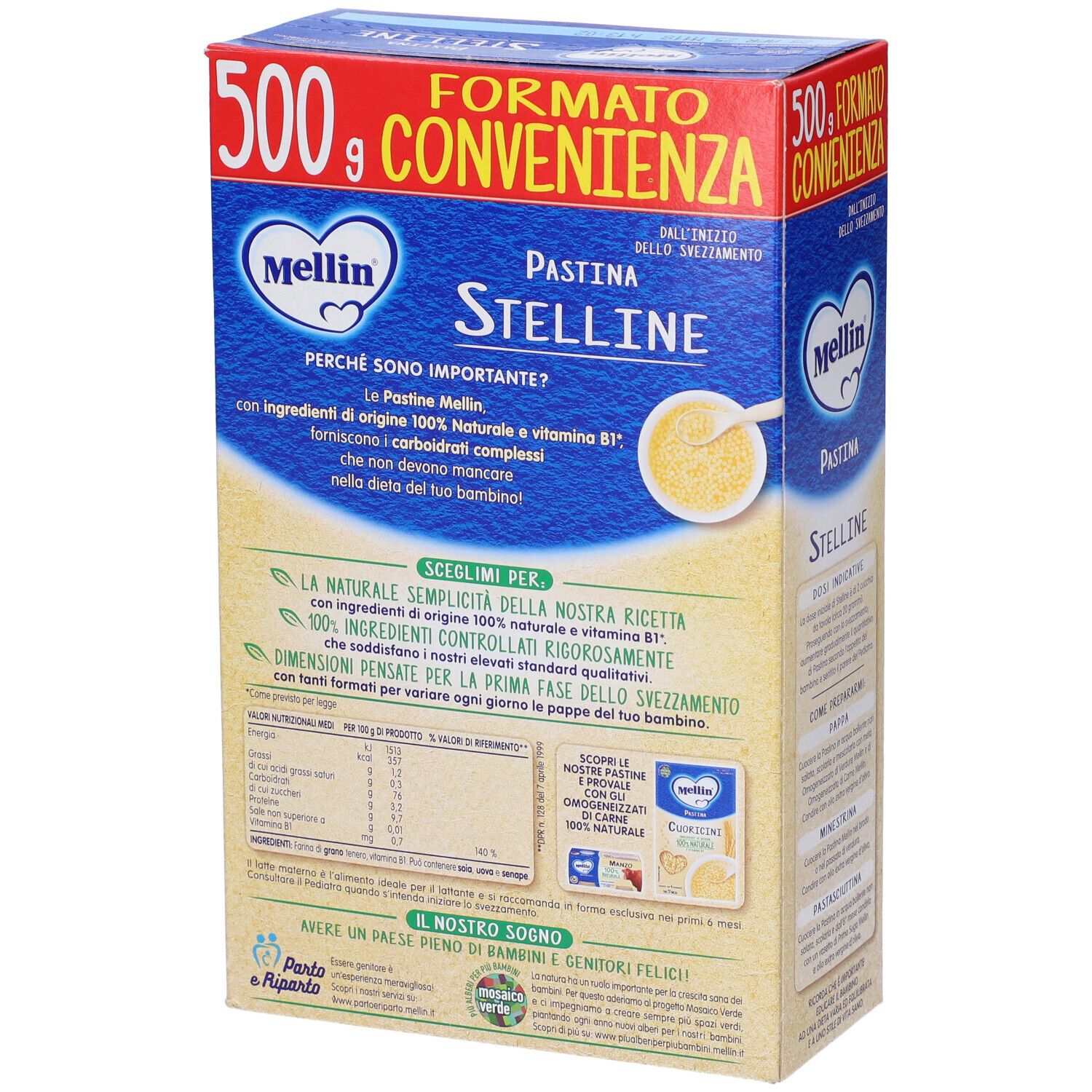 Retro della confezione Mellin Pastina Stelline. Scatola blu e gialla con informazioni sul prodotto, informazioni nutrizionali e testo.