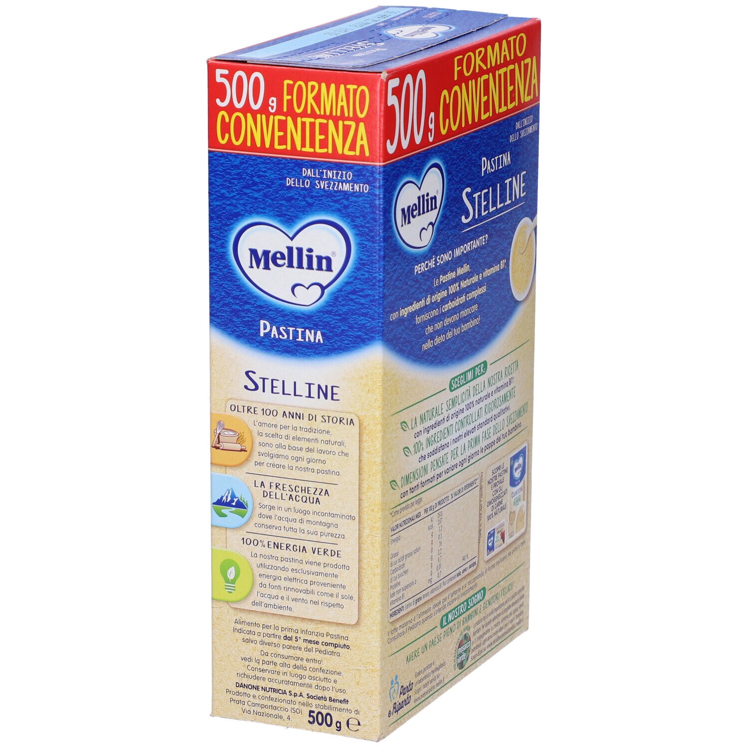Vista laterale della confezione Mellin Pastina Stelline. Scatola blu e gialla con informazioni sul prodotto e testo.