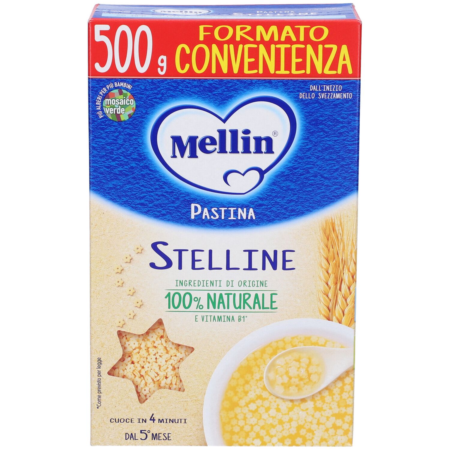 Confezione di Mellin Pastina Stelline. Scatola blu e gialla con nome del prodotto, pasta a stelline e indicazione 100% naturale.