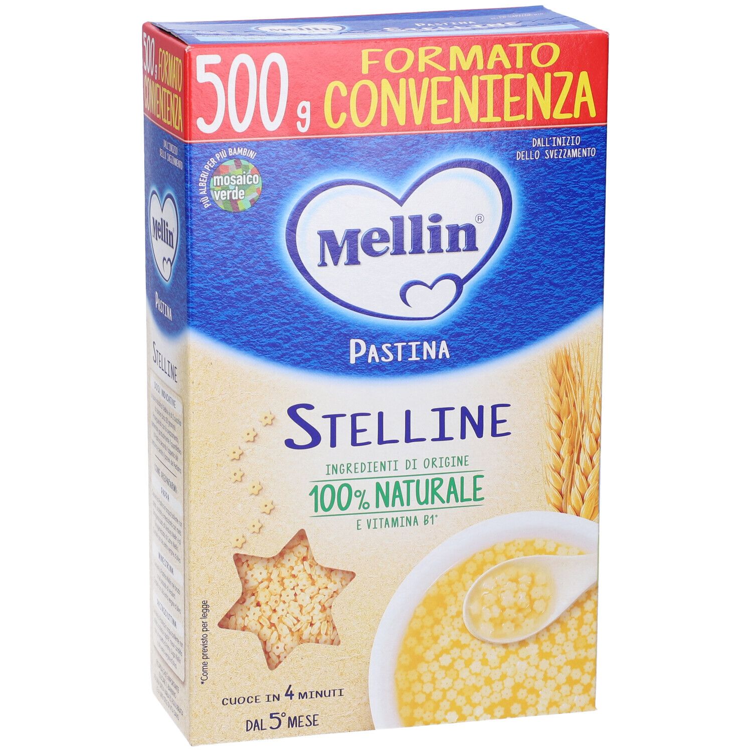 Confezione di Mellin Pastina Stelline. Scatola blu e gialla con nome del prodotto, pasta a stelline e indicazione 100% naturale.