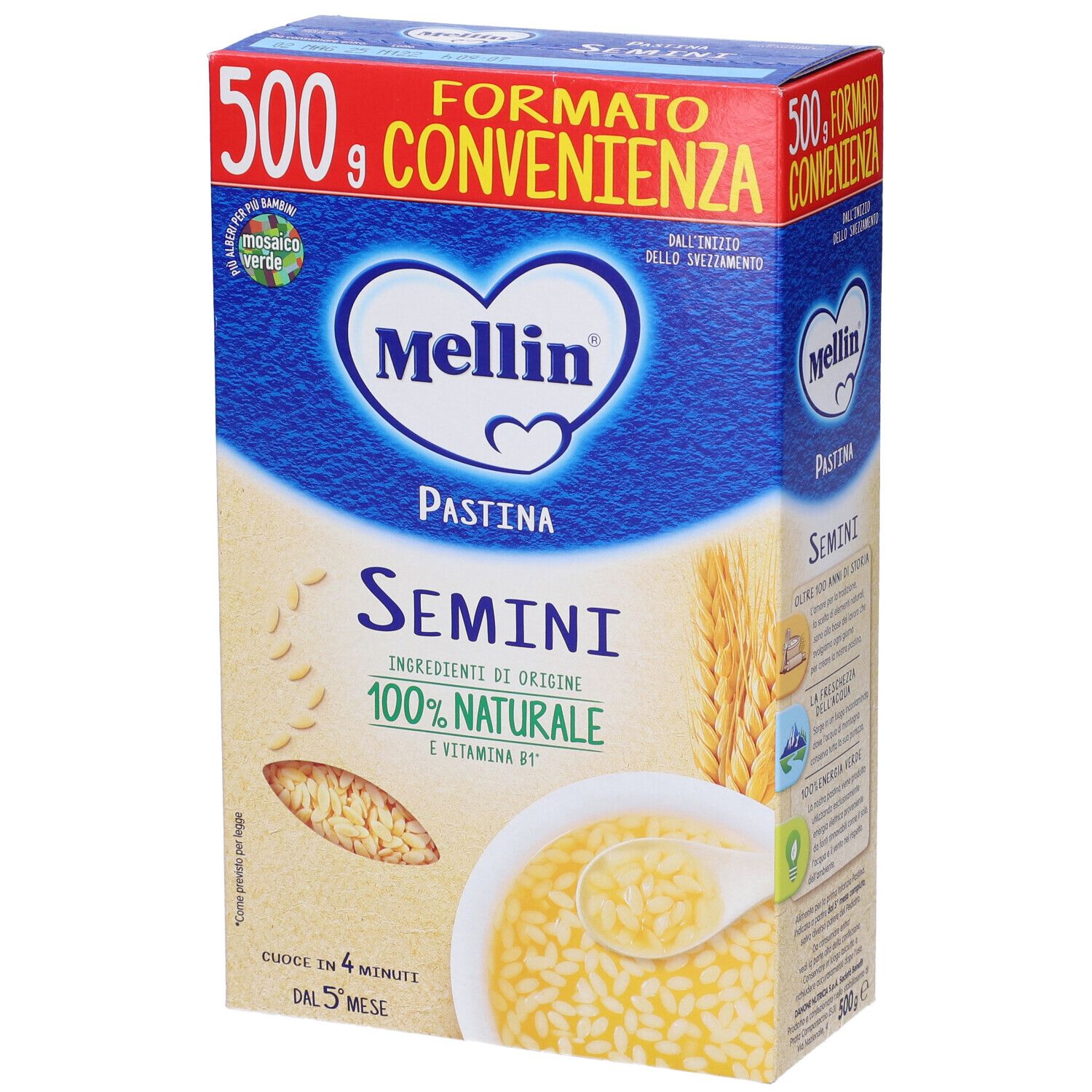 Scatola blu e gialla "Mellin Pastina Semini". 500g, 100% naturale. Immagine di cereali e piatto.