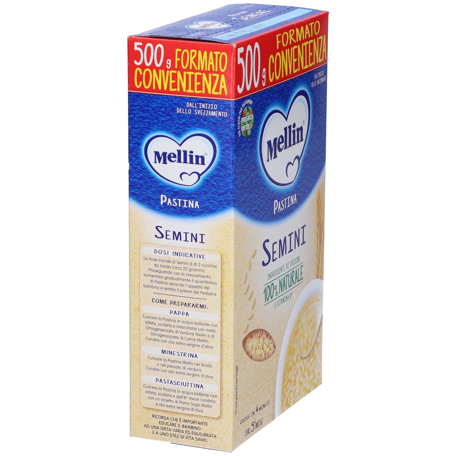 Confezione "Mellin Pastina Semini". Imballaggio blu e giallo. Testo: istruzioni per il dosaggio, ingredienti, preparazione.
