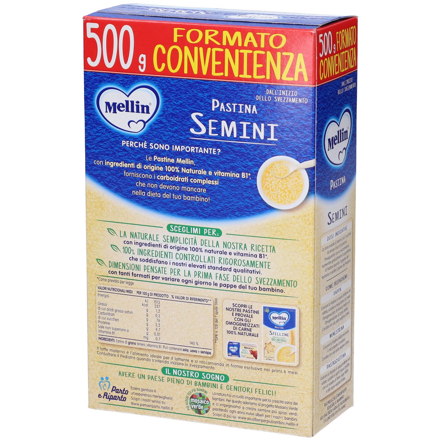 Confezione "Mellin Pastina Semini". Retro con testo: ingredienti, informazioni nutrizionali, istruzioni per la preparazione.